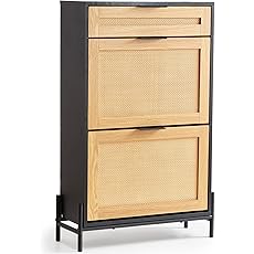 GarveeHome Fluted Shoe Cabinet Storage for Entryway, Wood Shoe Rack with 2 Flip Drawers and Open Shelf, Modern Entryway Organizer for Foyer, Hallway, Entrance, Black