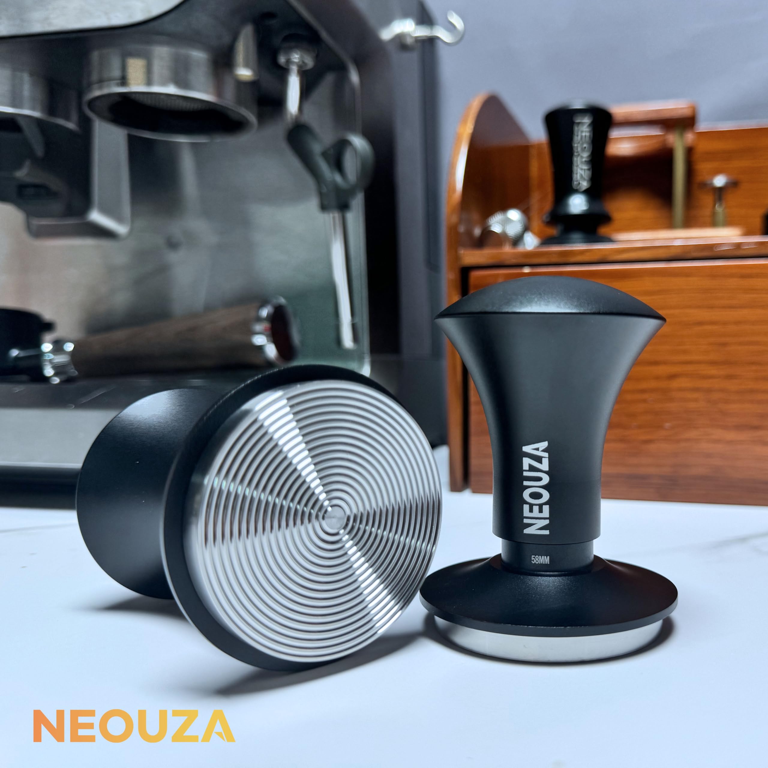 NEOUZA, tamper per espresso V2 a doppia molla calibrata per portafiltro della macchina da caffè, antideflessione da pressione, manico raffinato, base in acciaio ondulata (53,3 mm)
