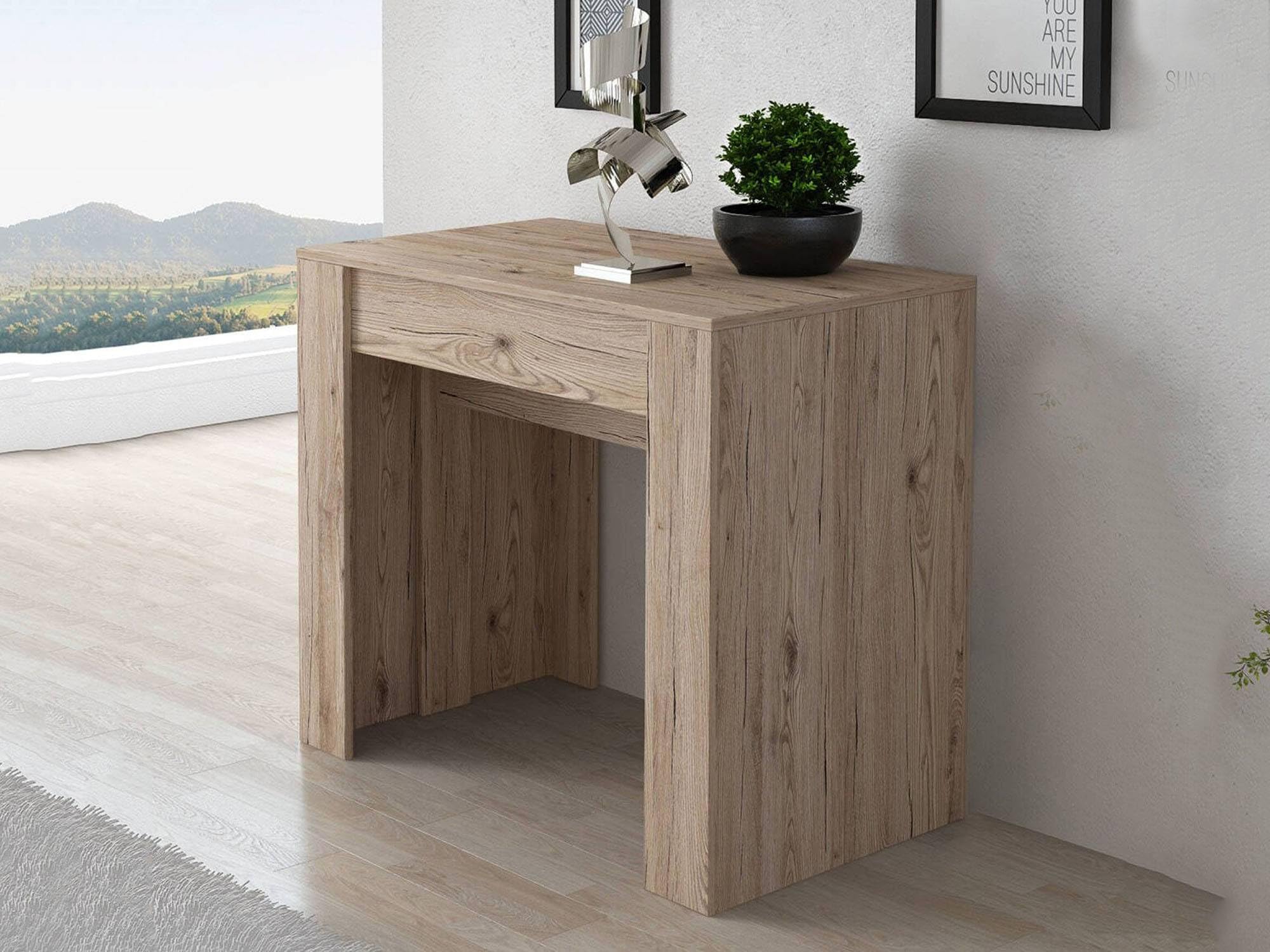 Dmora - Consolle allungabile Maclodio, trasformabile in Tavolo da Pranzo, salvaspazio ed Estensibile Fino a 237 cm, 90-237x76,6x90 cm, Quercia