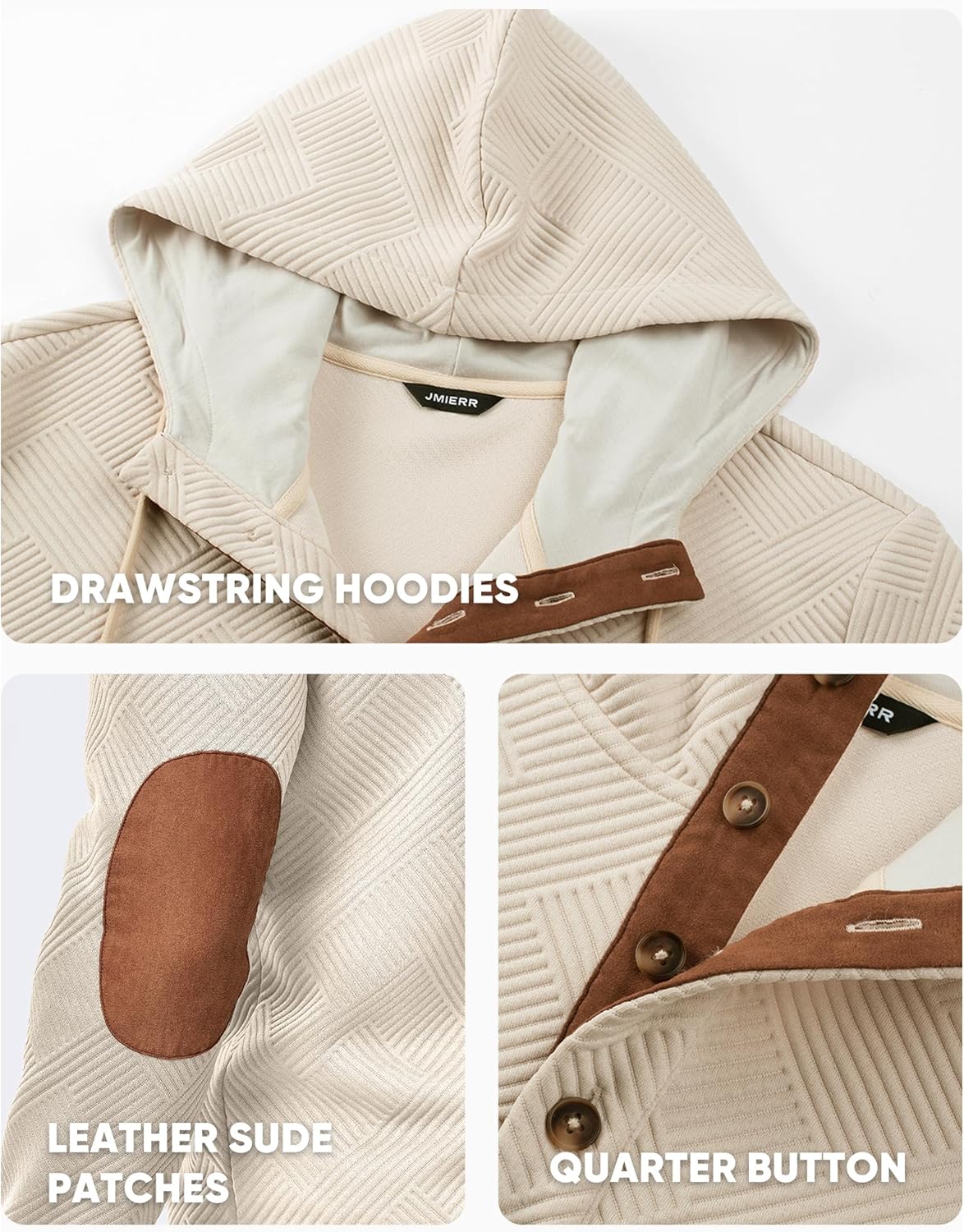 JMIERR Mens Hoodies Fall Casual Cotton Textured Long Sleeve Half Button Pullover Hooded Sweatshirts - Image 6