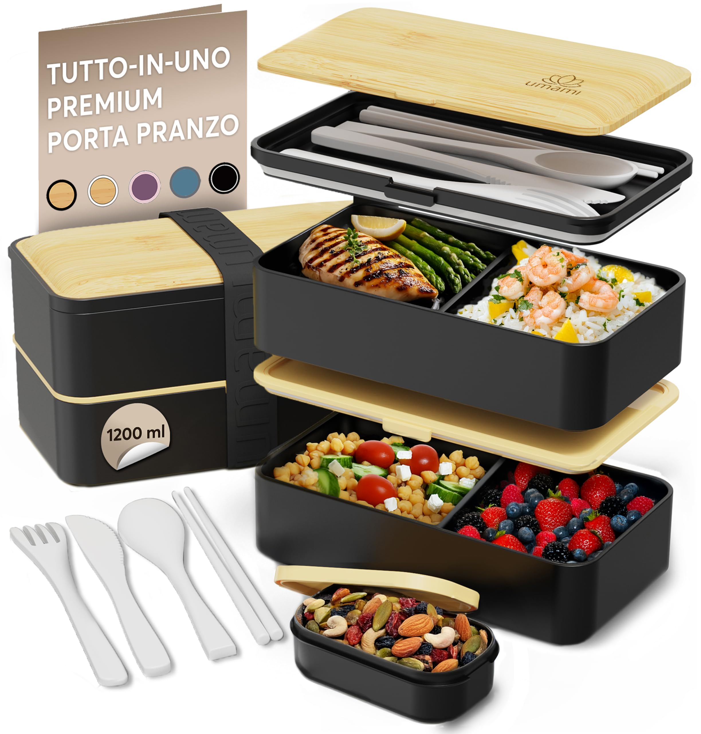 Umami Porta Pranzo Lunch Box Ermetico 4 Scomparti e Posate, Sicuro per Microonde, Lavastoviglie, Portapranzo Ufficio Bento Lunchbox Prova di Perdite per Adulti Schiscetta Pranzo, Nero E Beige, 1200 ml