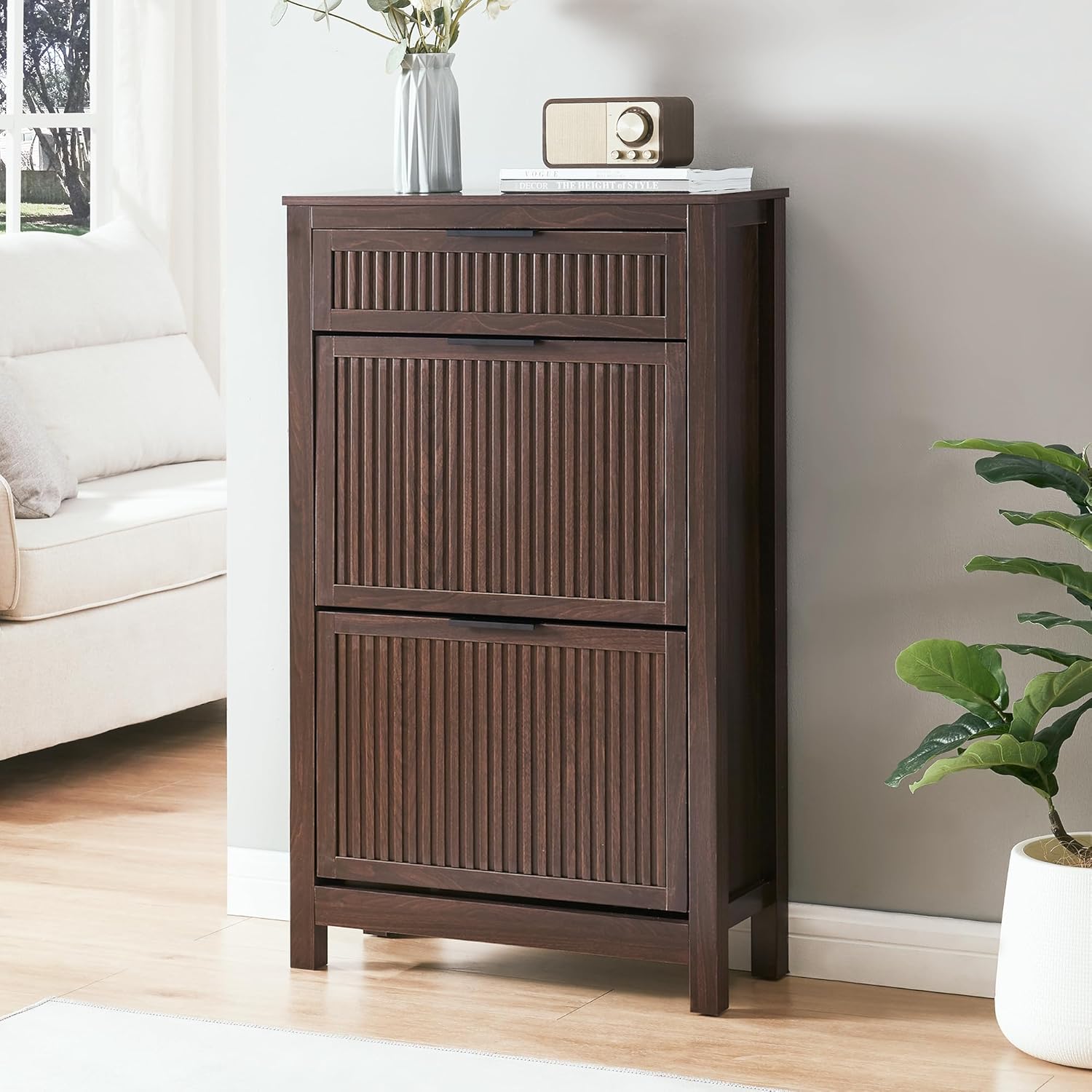 2 Flip Drawers Shoe Cabinet Storage for Entryway, Narrow Hidden Shoes Organizer for Front Door Entrance, Free Standing Shoes Cabinet Wooden Hallway Shoe Rack(Brown) Brown Medium