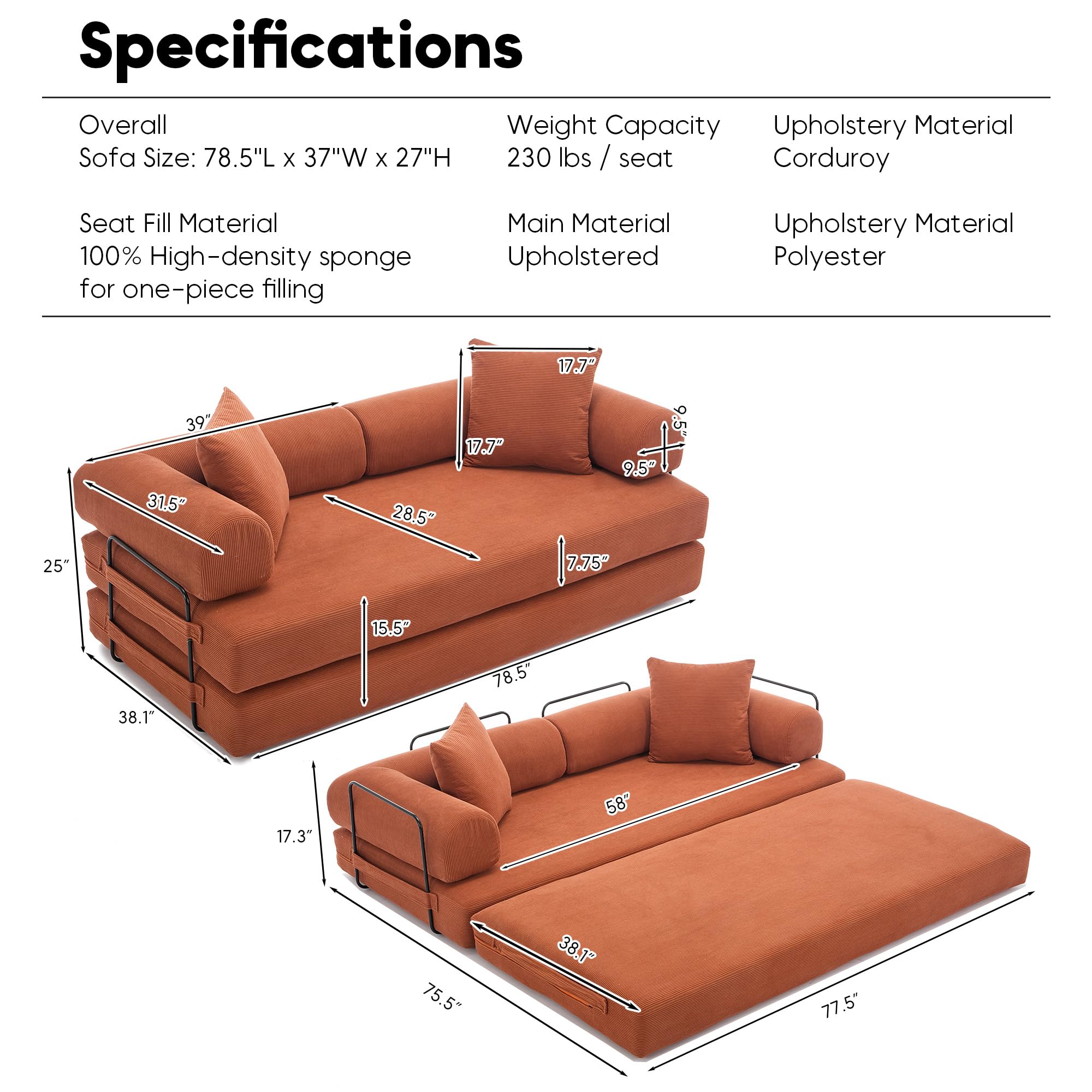 78" Convertible Futon Sofa Bed, Boneless Couches for Living Room, Orange | Corduroy Loveseat Sleeper Futon Sofa Bed, Modular Sectional Sofa, Boneless Couch, Pull Out Couch, No Assembly Required