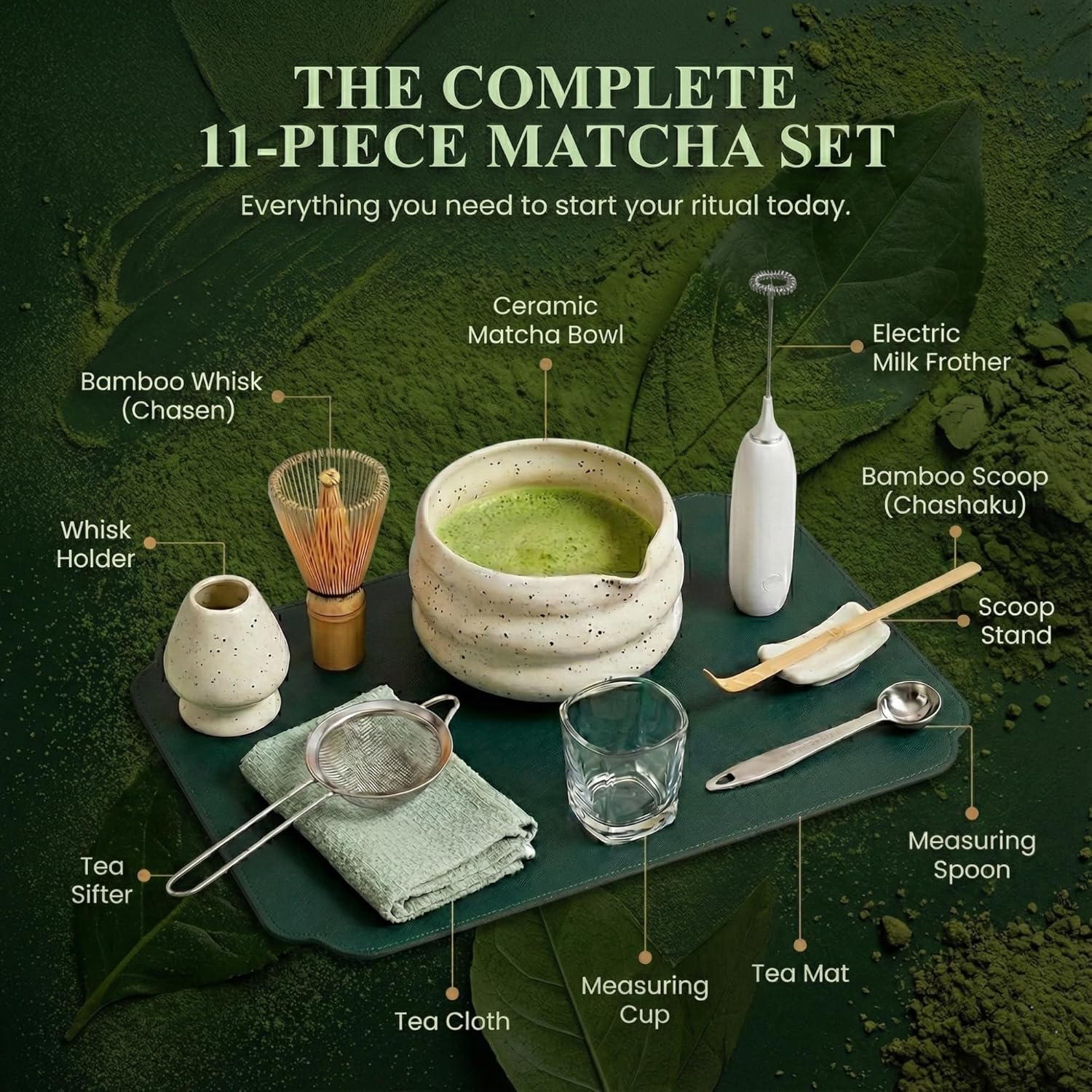 BARISTA EMPEROR® PREMIUM 11pcs MATCHA WHISK SET - Professional Matcha Kit Set with Matcha Bowl, Matcha Whisk, Milk Frother, Spoon, Matcha Sifter, Scoop, Scoop Stand, Measuring Cup, Tea Mat and Cloth - Image 2