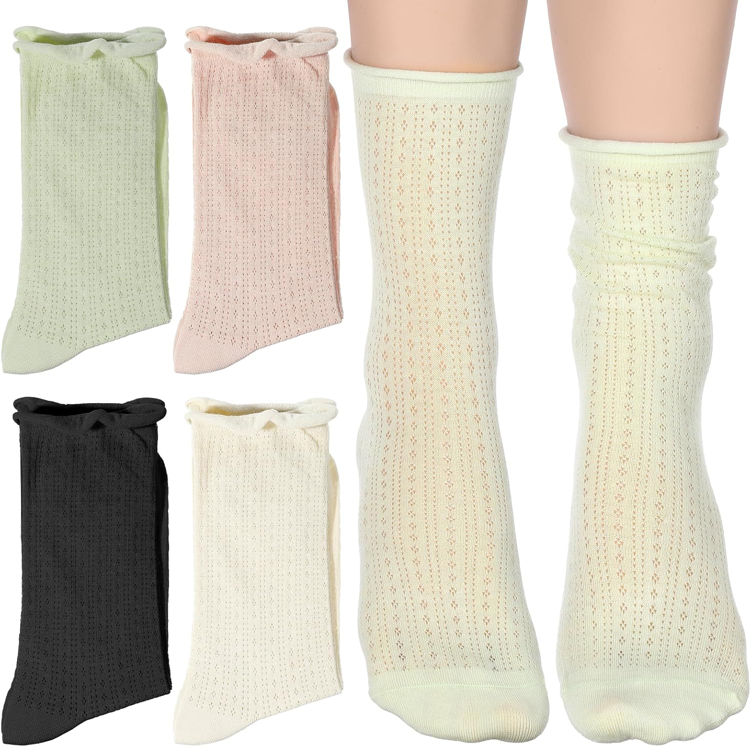 4 Pairs Women Cute Socks Roll Top Turn Cuff Slouch Cotton Sock Frilly Breathable Crew Socks Stretchy Calf Slouch Boot Sock Hollow Out Crochet Solid Casual