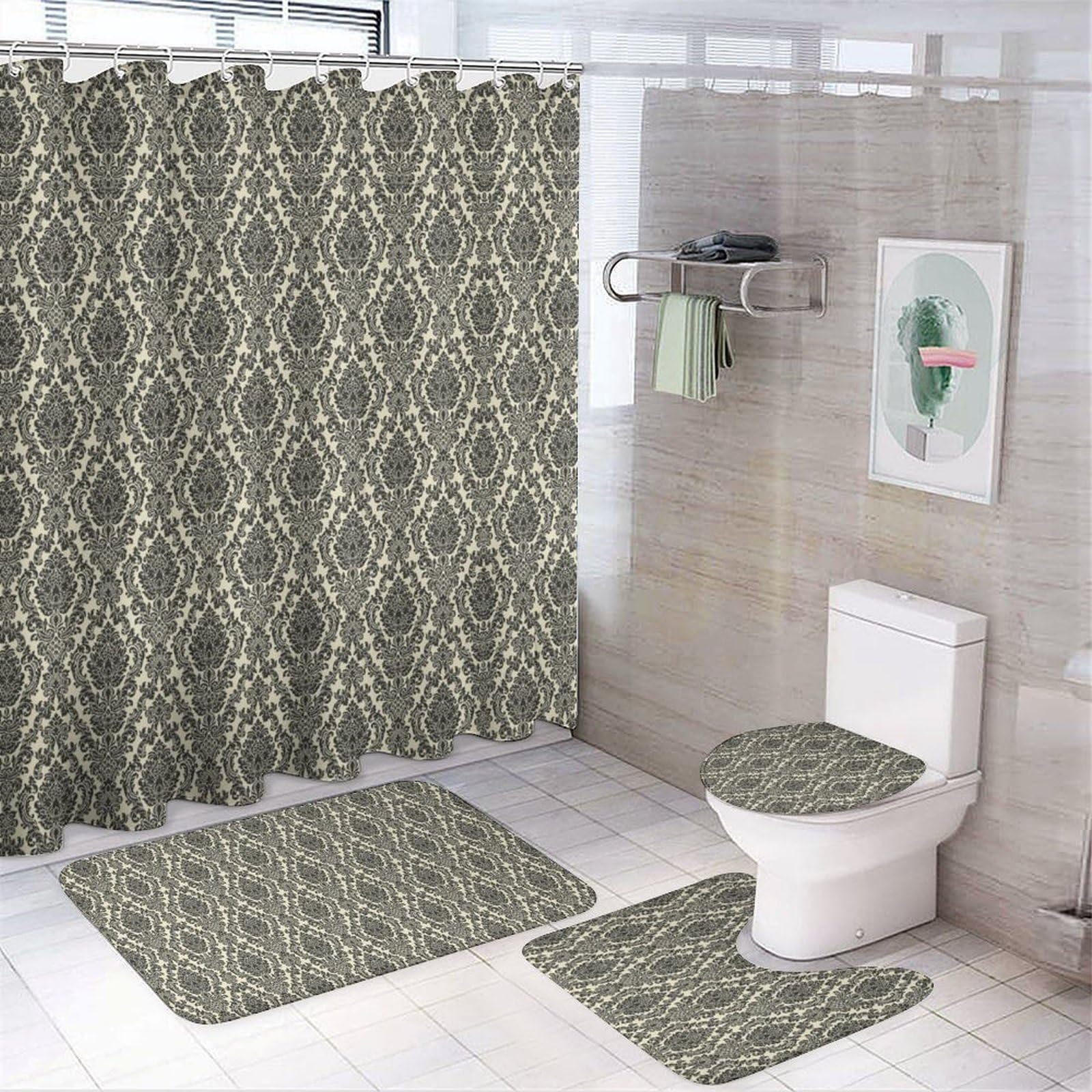 JZemdybill Bathroom Mat Set 4 Piece, Baroque Shower Curtain with Non-Slip Bath Mats for Bathroom