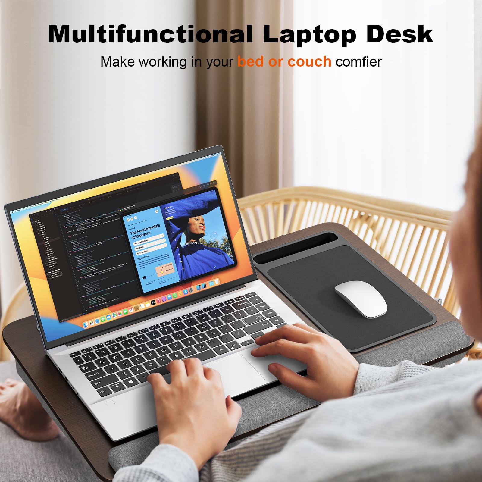 PUTORSEN Biurko na kolana do laptopów do 43.9 cm, przenośne, bardzo duże, z podkładkami dla myszy i nadgarstków