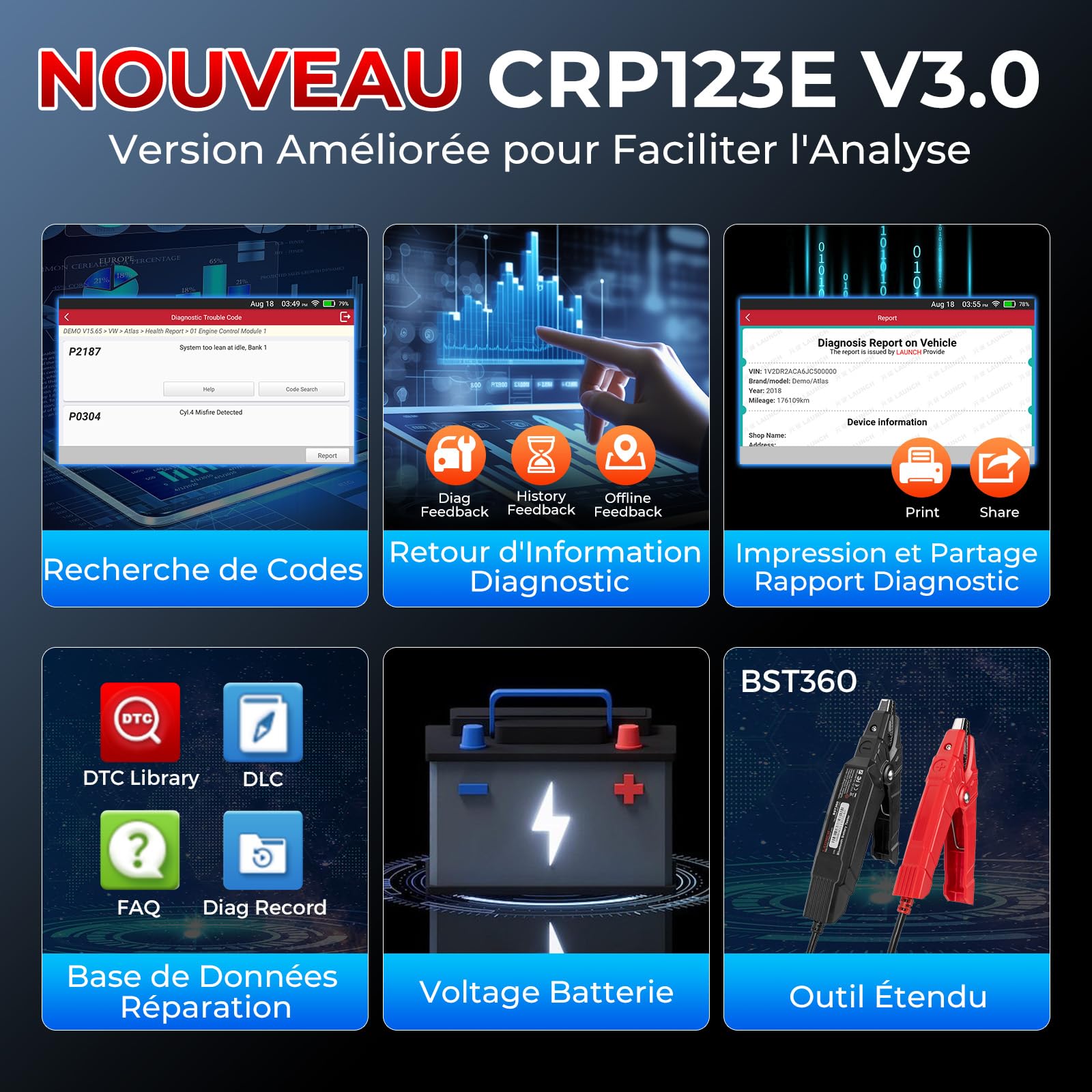 LAUNCH CRP123E V3.0 OBD2 Valise Diagnostic Auto français avec 4 Systèmes Moteur ABS SRS Transmission, 7 Reset Oil SAS EPB DPF Purge ABS BMS Accélérateur, Diagnostic Voiture, Can FD DOIP, MàJ WiFi
