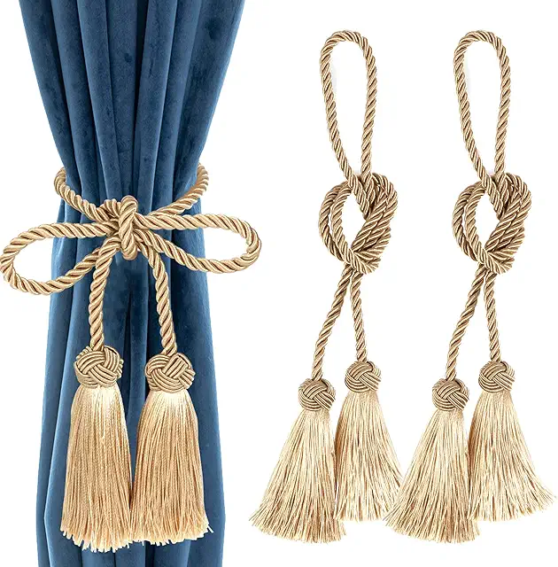2 Stück Vorhang-Raffhalter aus Seil mit Quaste - Handgefertigte Gardinen-Bindebänder in Gold