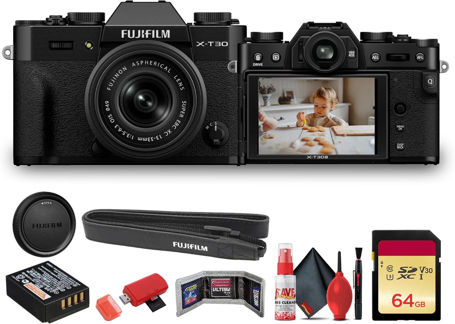 FUJIFILM X-T30 III Mirrorless Camera with 13-33mm f/3.5-6.3 Lens (Black) (16966880) Bundle with + 64GB Memory Card + Memory Card Wallet + Cleaning Kit