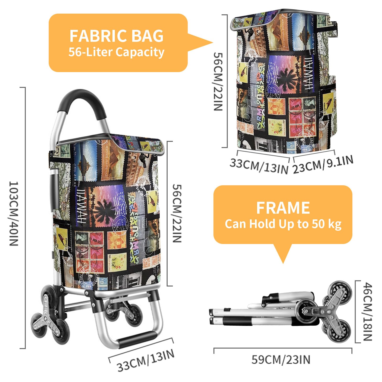 Carrello della spesa 3 in 1 resistente, carrello pieghevole a mano con 6 ruote, carrello della spesa da 49,9 kg, carrello portatile multiuso, borsa impermeabile per traslochi, campeggio