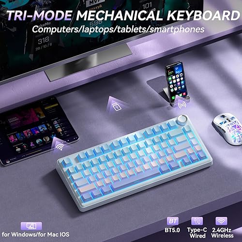 Miniatura 3 de SOLAKAKA Teclado mecánico inalámbrico A75 75%, teclado para juegos intercambiable en caliente con perilla multifunción y RGB, teclado cremoso