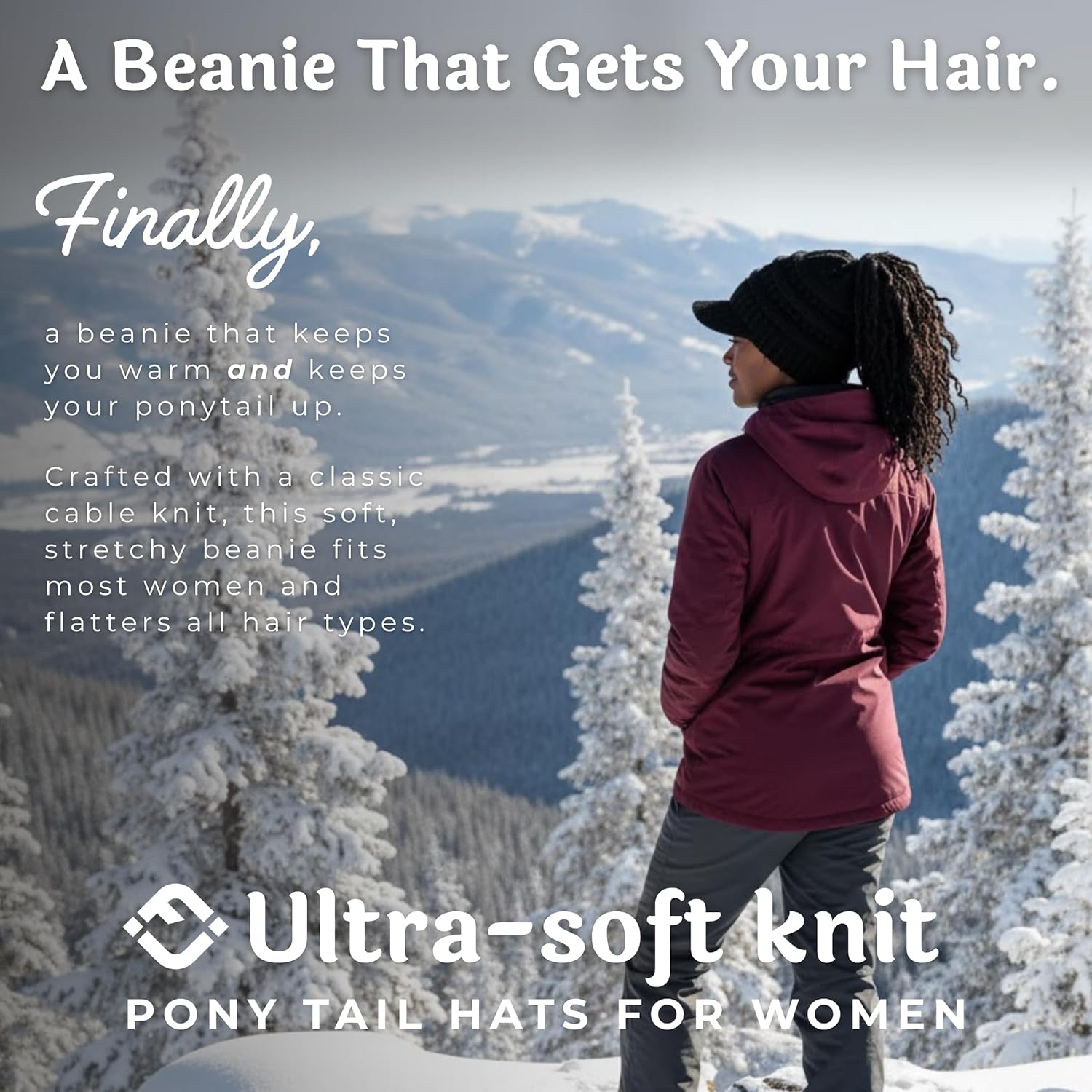 Funky Junque Ponytail Beanie for Women - Winter Ponyback Hat Soft Stretch Cable Knit High Pony Tail Womens Running Hats - Image 2