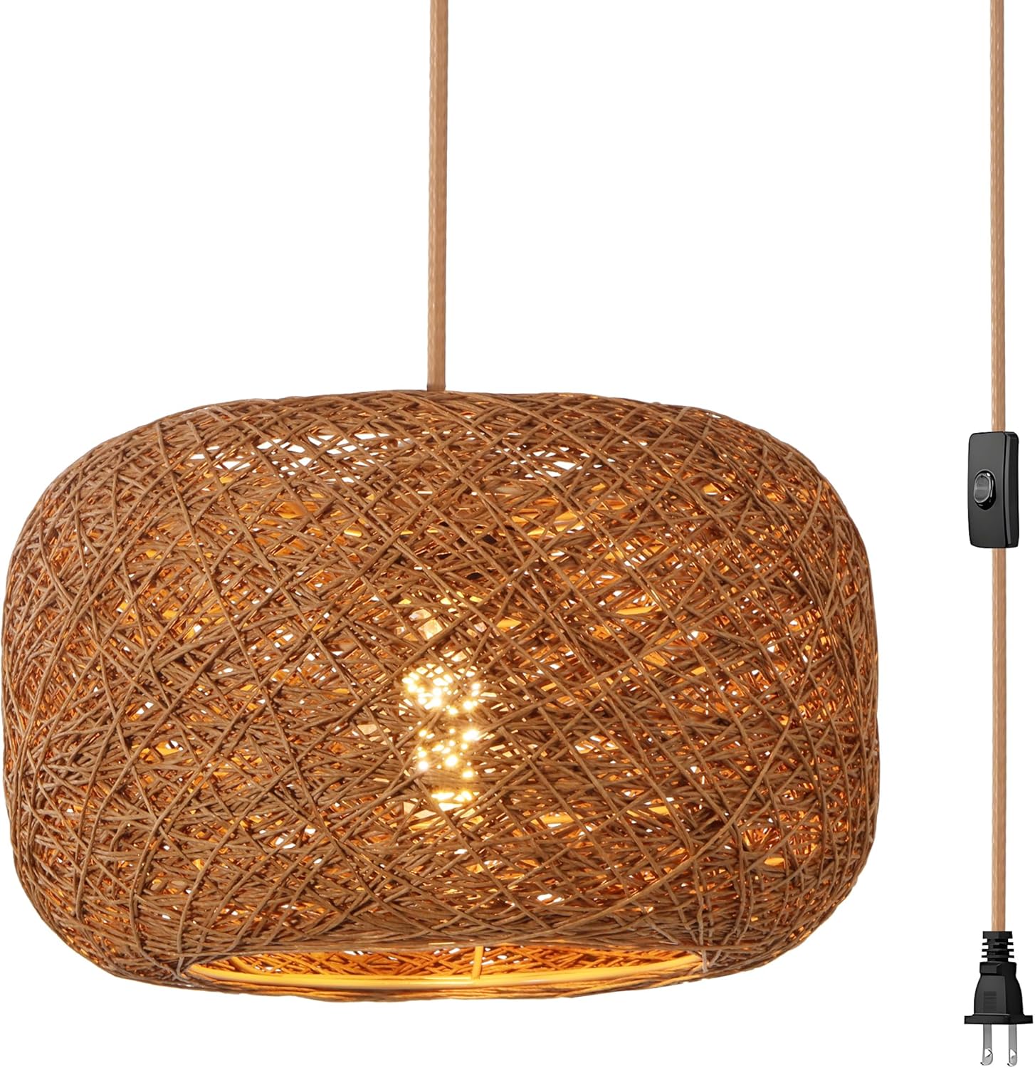 Plug in Pendant Light with Woven Rattan Lampshade, 12” Boho Hanging Lamp with 15FT Cord & On/Off Switch, E26 Socket, Ceiling Hook Installation for Bedroom Living Room Dining Nook Apartment