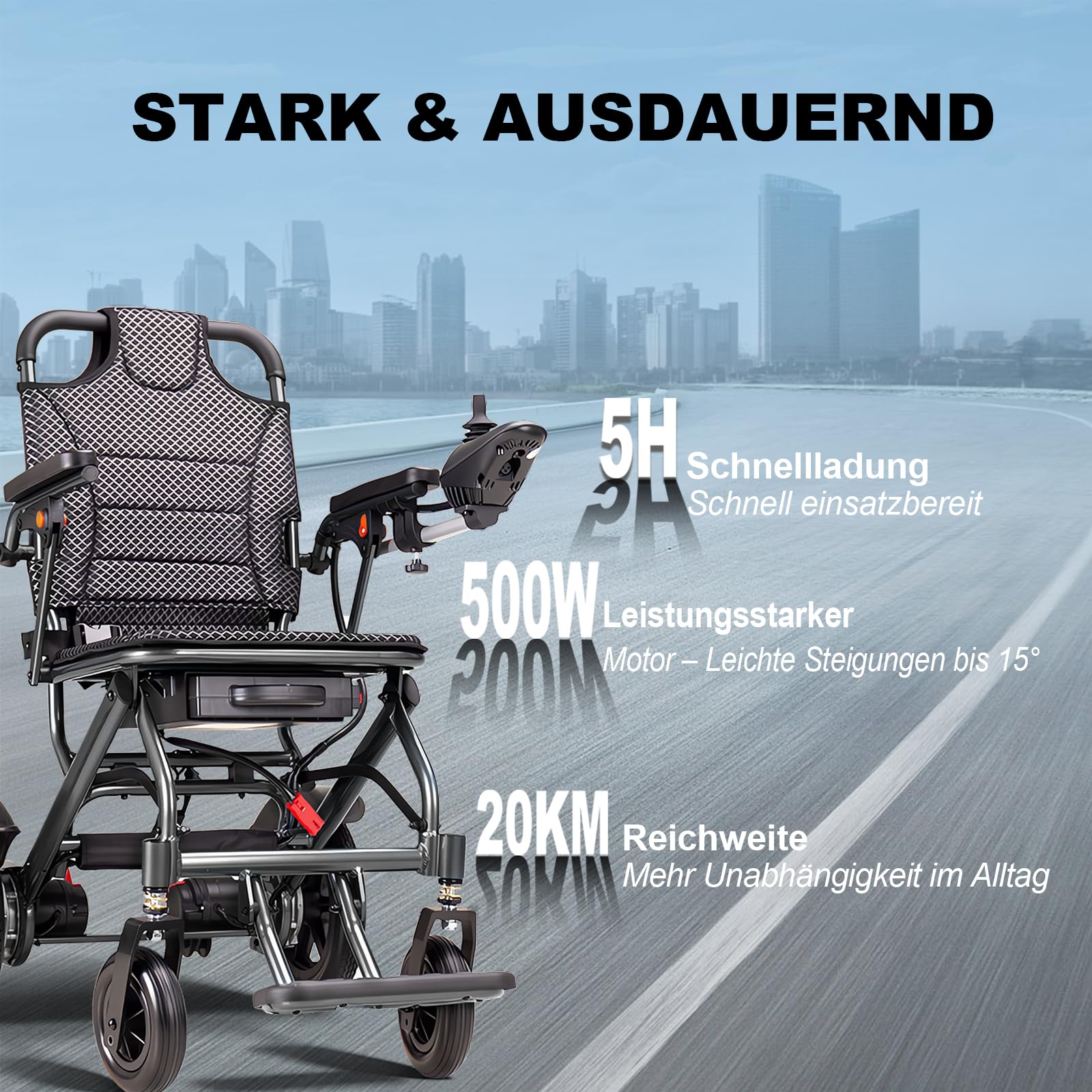 D04 Kompakter faltbarer Elektrorollstuhl mit 500W starkem Motor, 10Ah abnehmbarer Batterie, 20 km Reichweite, 150 kg Tragkraft, Carbon-Alu-Rahmen, geeignet für jede Geländeart