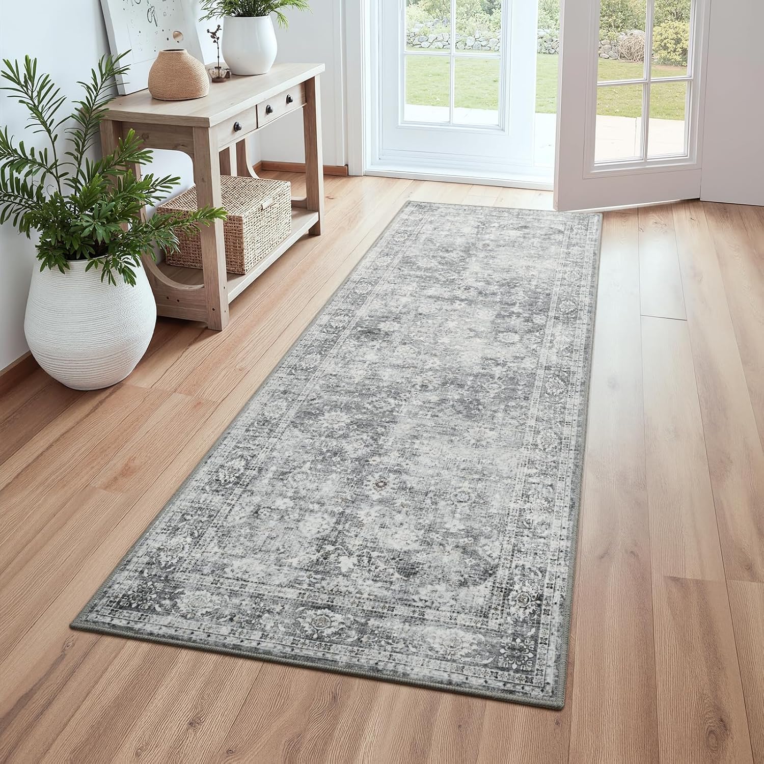 2x5 Washable Runner Rug, Non-Slip Area Rug for Kitchen Hallway Bathroom Bedroom, Vintage Low Pile Rugs Laundry Room Decor Carpet, Grey