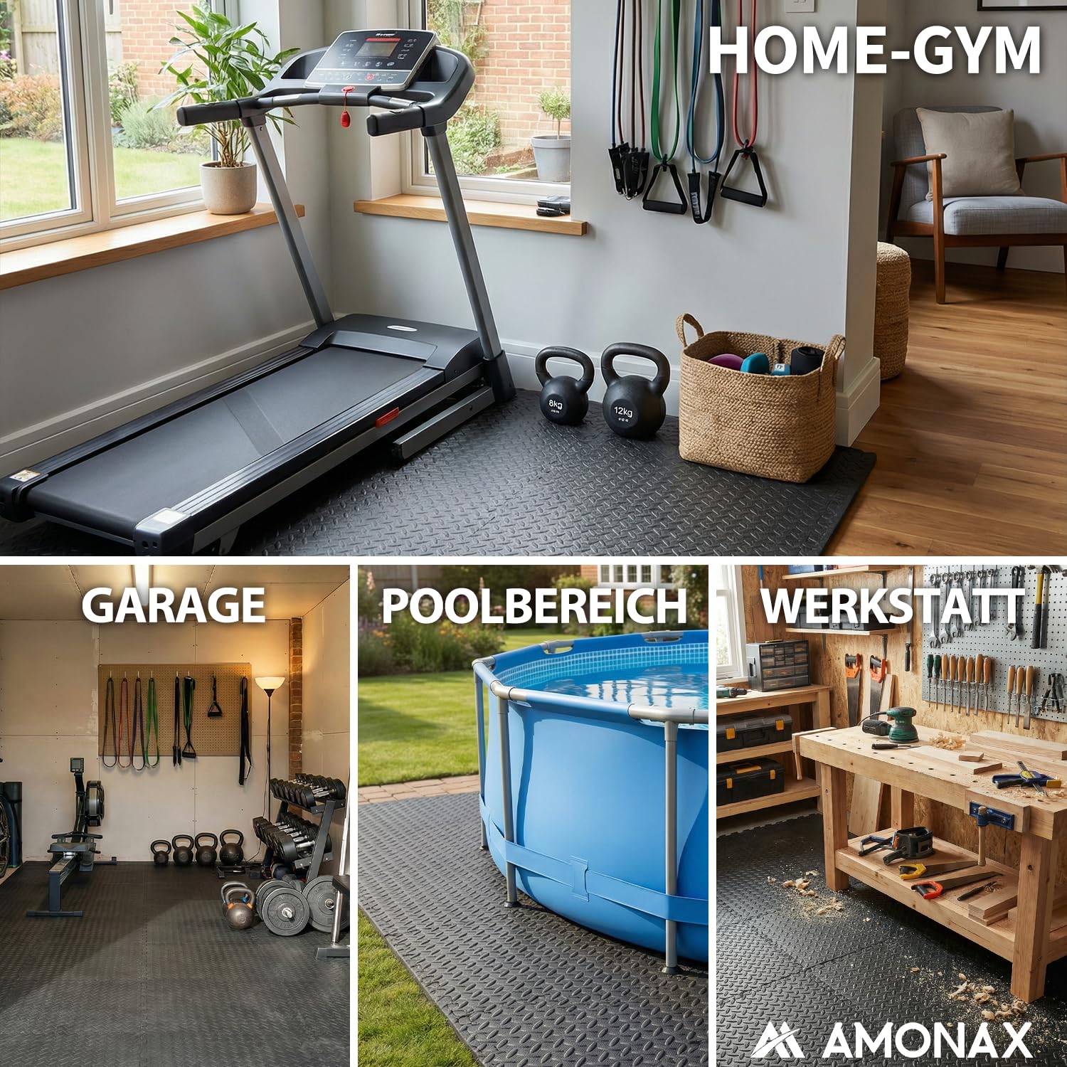 Amonax Bodenschutzmatte als Fitness Puzzlematte, 30 x 30 cm für Home Gym | Modulare Bodenmatten für Pool, Garage und Trainingsbereiche zu Hause, als Schutzunterlage für Fitnessgeräte und Sportzubehör
