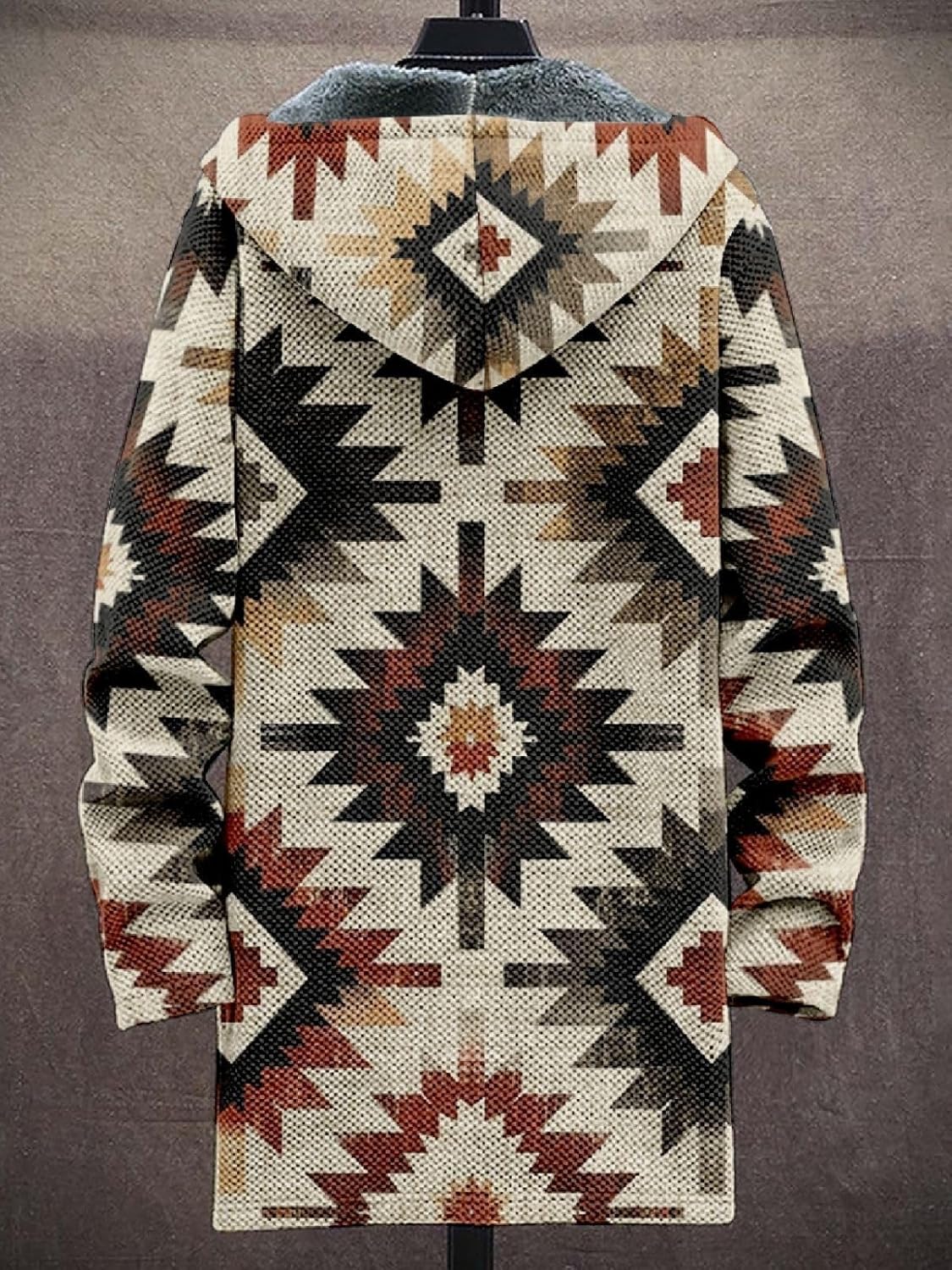 2025 Men's Ethnic Pattern Hooded Jacket Long Cardigan Hoodies Full Zip Vintage Knitted Zipper Coat with Pocket - Image 2