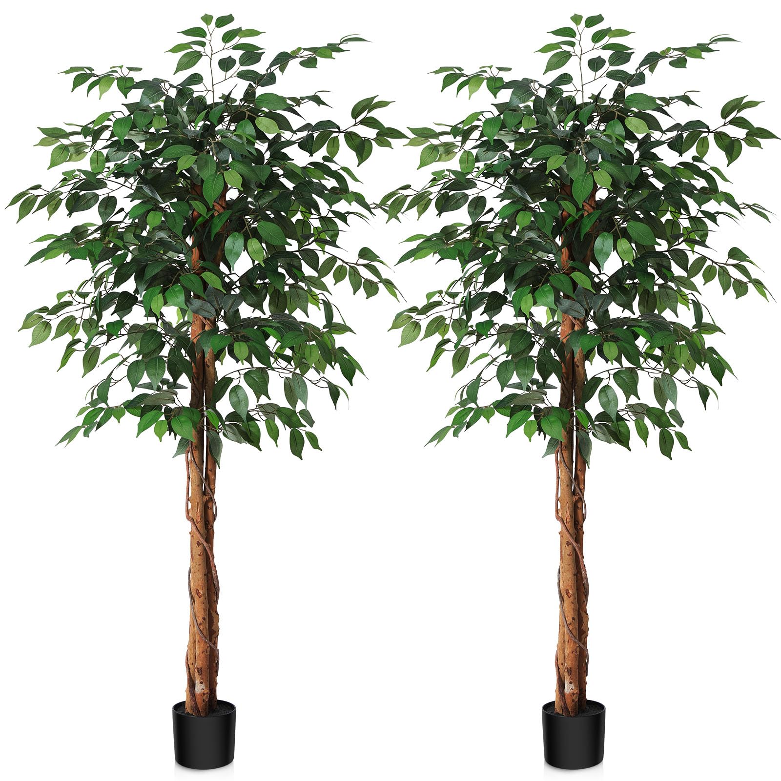 5ft Artificial Ficus Tree with Natural Wood Trunk, Silk Fake Ficus Tree in Plastic Nursery Pot, Faux Plant for Office Home, Indoor Outdoor Decor, 2 Pack