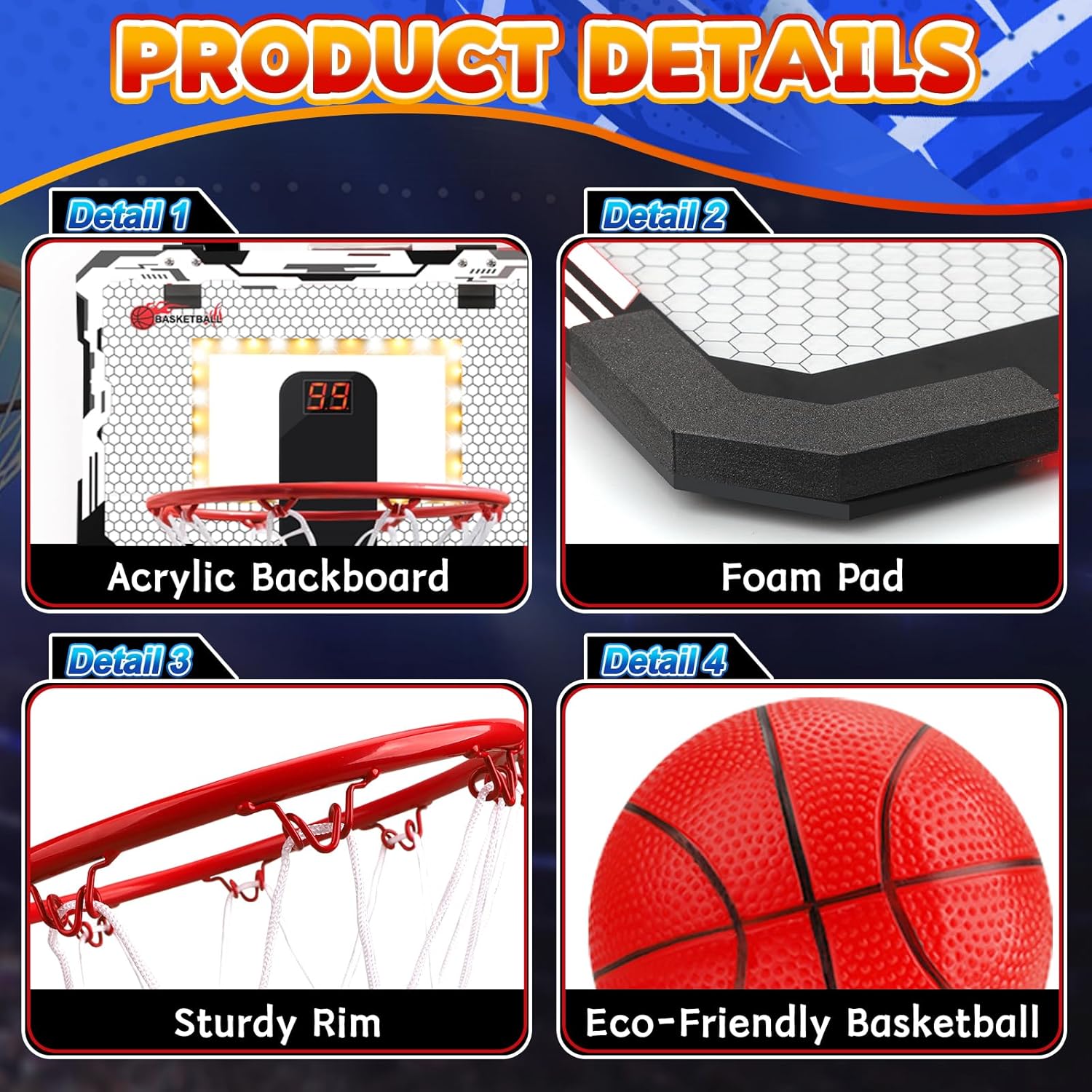 Mini Indoor Basketball Hoop for Kids Adults, Over Door Mini Hoop with Ball for Room Office, LED Light Glow In The Dark, Lawn Wall Pool Scoreboard Basketball Game, 3-12 Years, Larger 17x12Inch