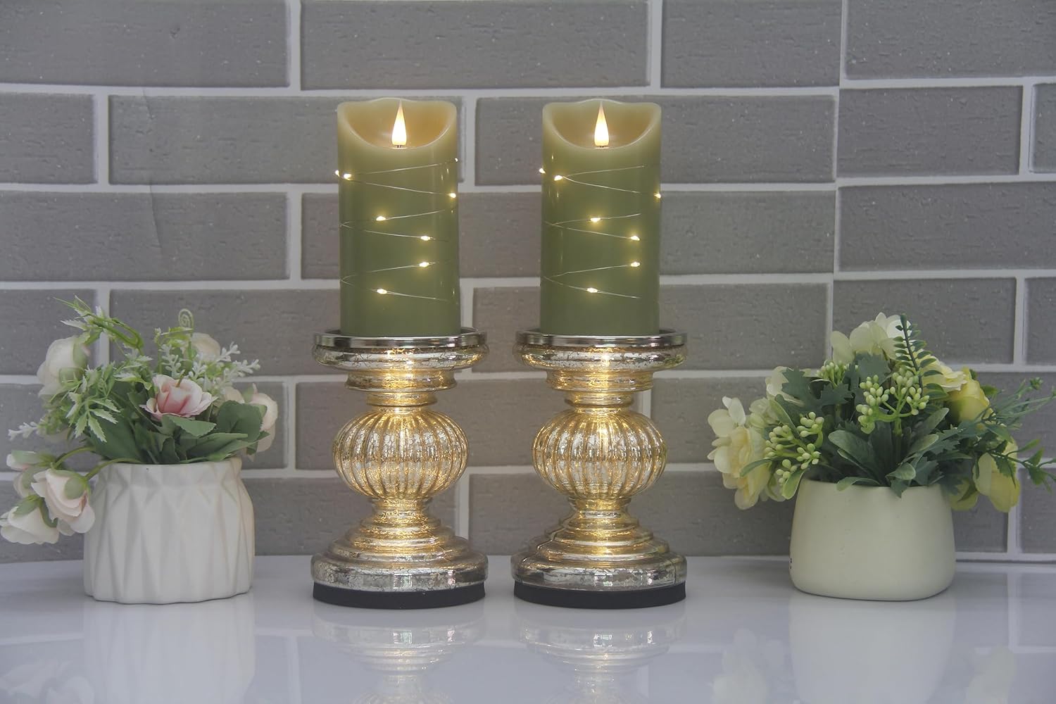 Christmas Decor Lighted Mercury Glass Candle pedestals