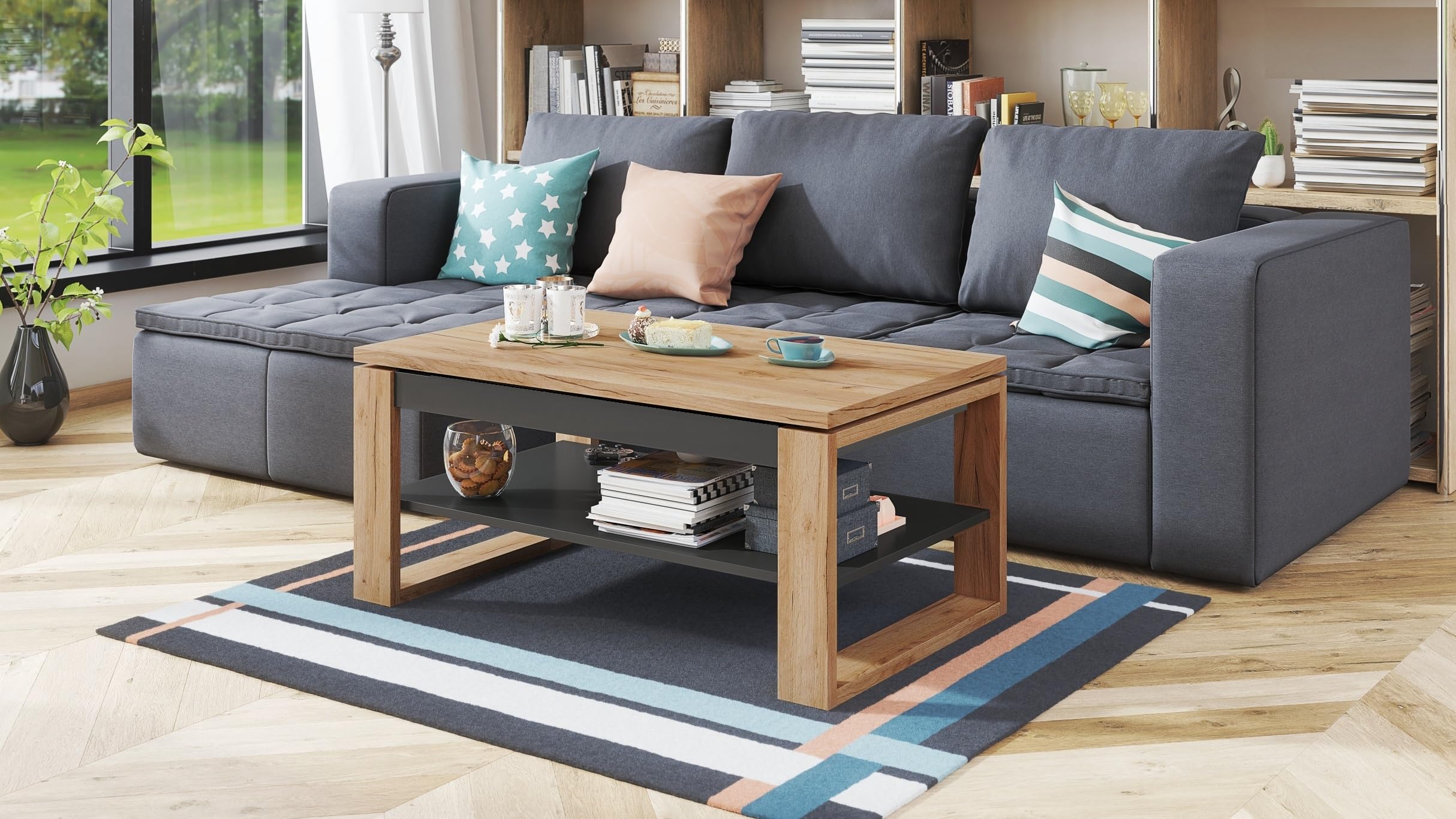 designimpex Design Couchtisch Multifunktion Arbeitstisch Tisch Nuo Ablage Esstisch, Farbe:Eiche Gold - Anthrazit matt