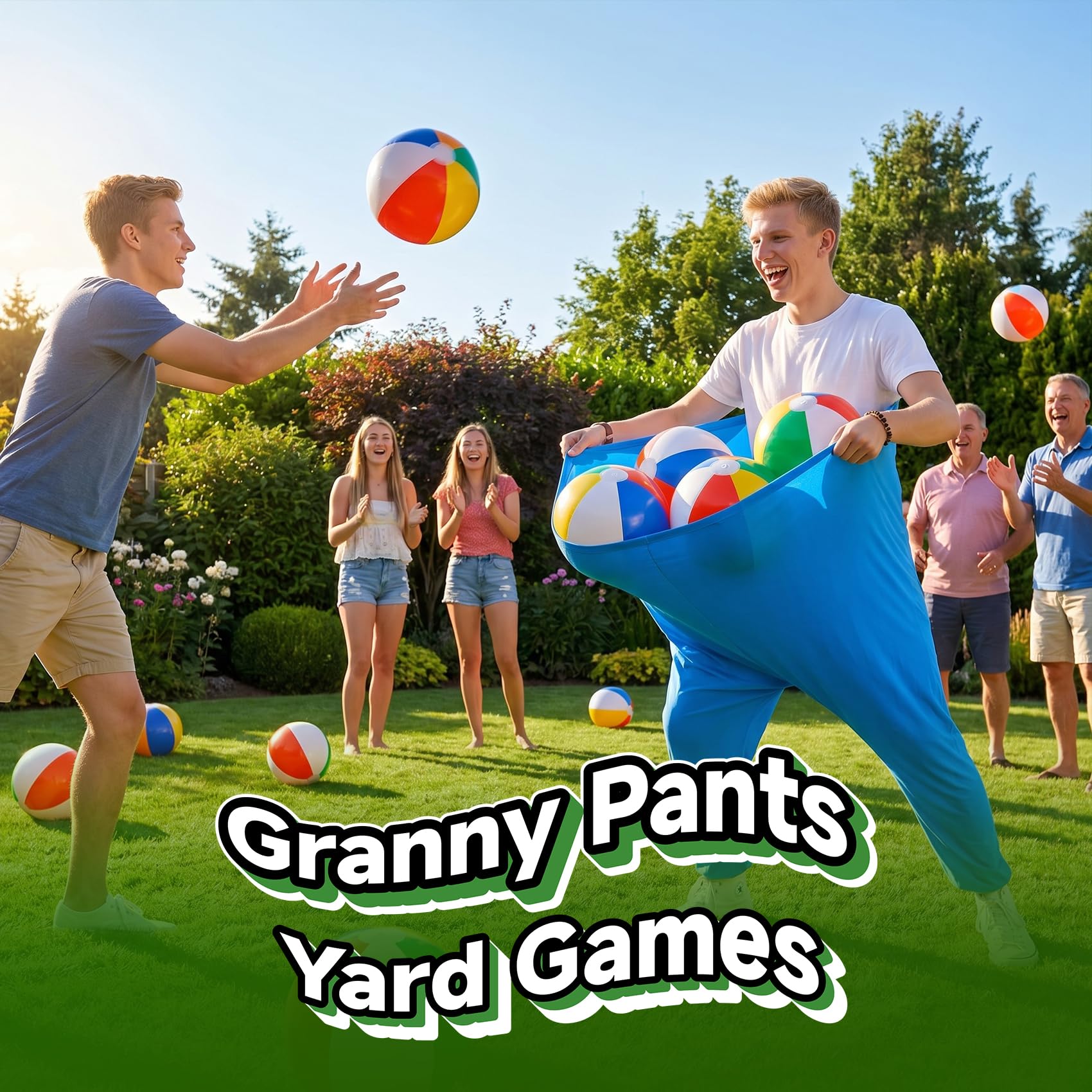 Granny Pants Partyspiel-Set für 8+ Spieler, 4-farbige Team-Hinterhof-Spiele mit 16 Hüpfbällen und 2 Pumpen – lustige Outdoor-Feldtag-Wurfspiele für Erwachsene, Kinder, Familientreffen, Grillparty