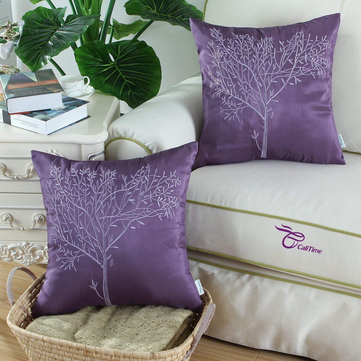 CaliTime Pack of 2 Cushion Covers Throw Pillow Cases Shells for Sofa Couch Home Decoration Natural Tree Embroidered 18 X 18 Inches Purple