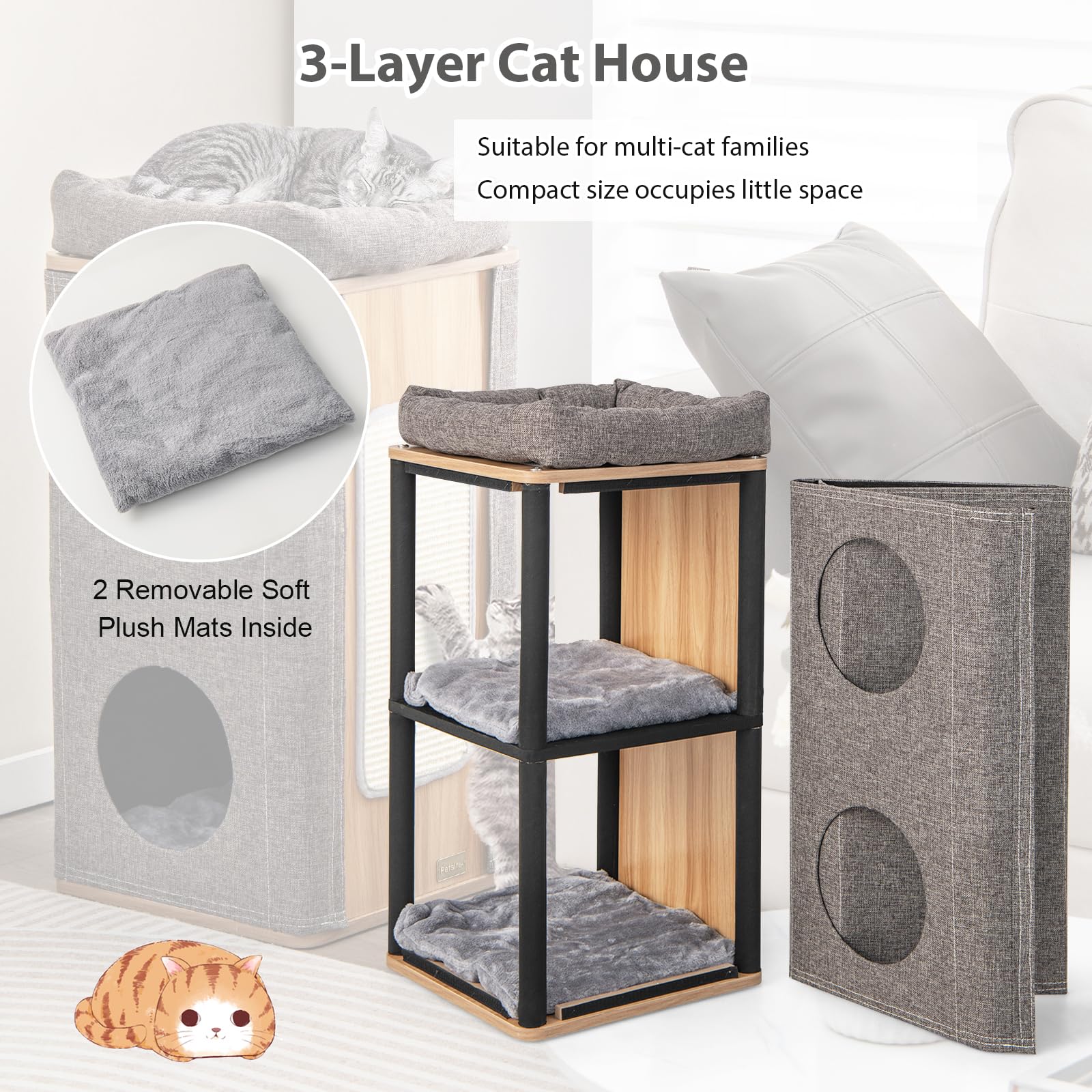 SOARS Tiragraffi per Gatti a Torre 77,5 cm, 3 Piani con 2 Grotte, Cuccia Albero per Gatti con Piastra Tiragraffi, Copertura Rimovibile e Cuscino, Tubo Stabile Ø38, Grigio e Naturale