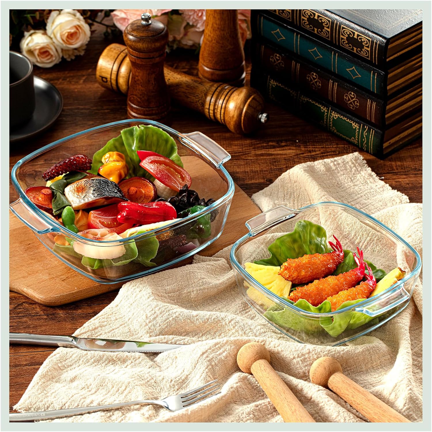 Maxcheck 2 Pieces Glass Casserole Dish with Lid 0.8L/ 1.5L Baking Casserole Dish Covered Cookware Microwave Bowls with Handle for Kitchen Restaurant Home Party Cooking, Oven Safe (Square)