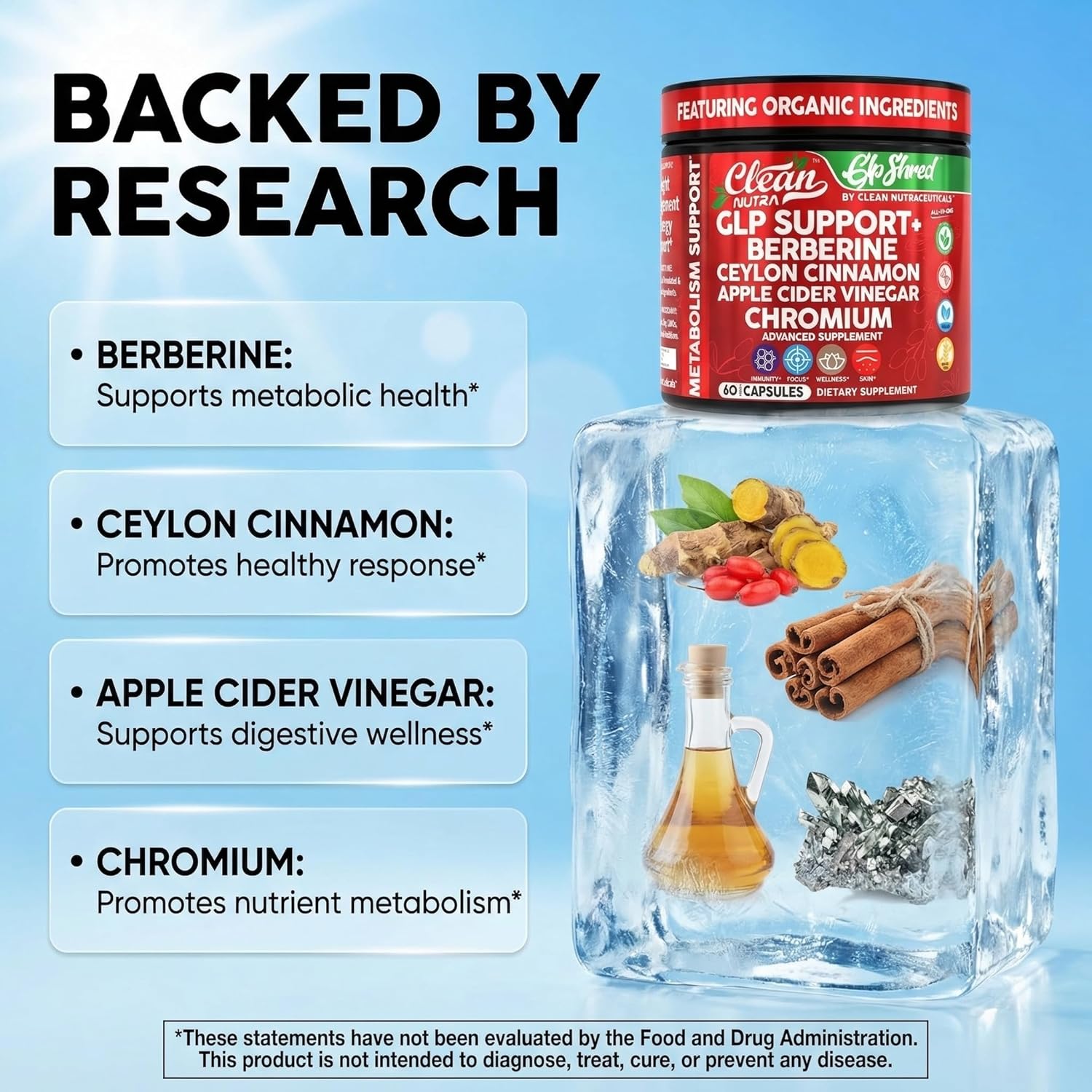 GLP1 Supplement Berberine Ceylon Cinnamon Apple Cider Vinegar Chromium Turmeric PCOS Supplements Immunity & Metabolism Support 60 Vegan Capsules by Clean Nutra