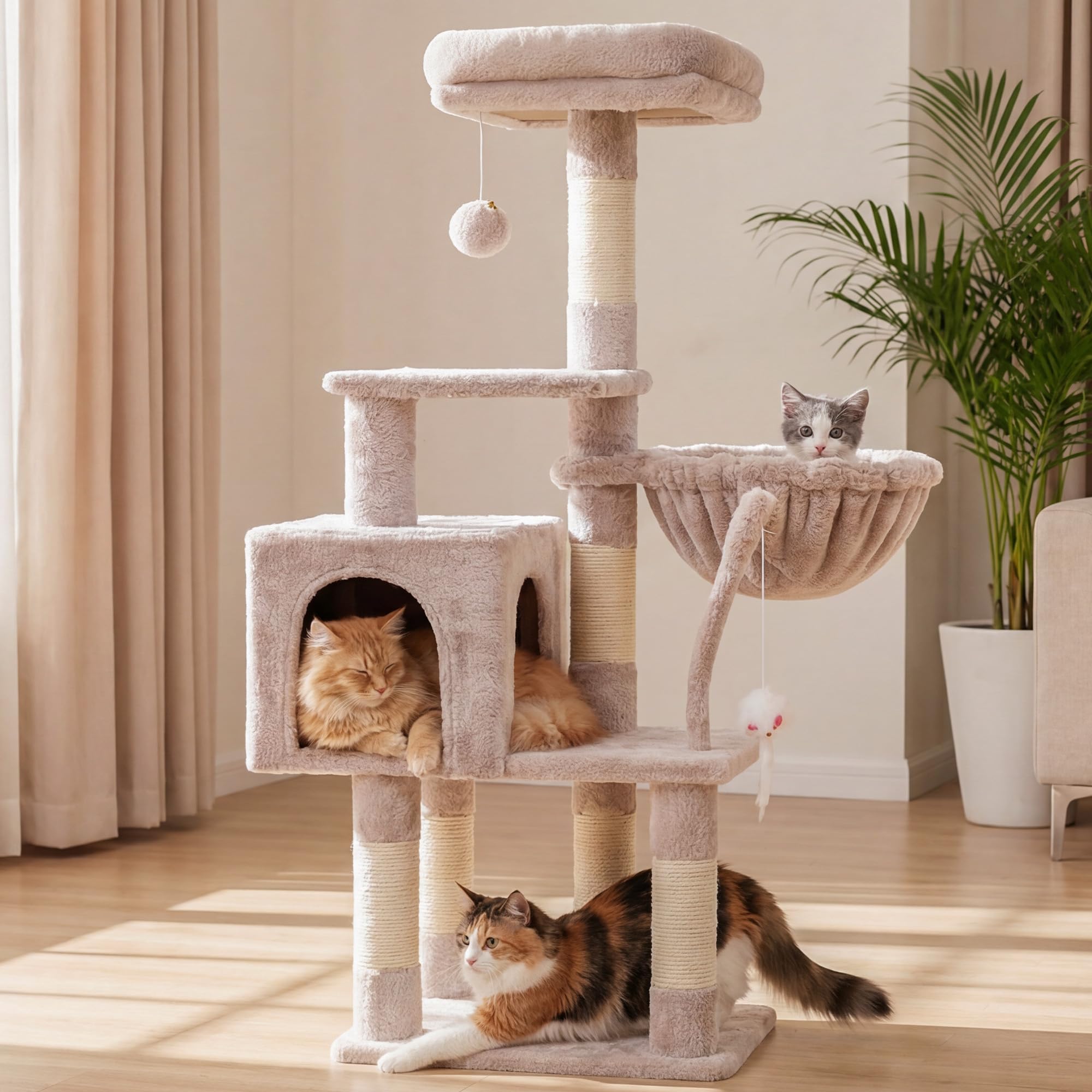Hey-brother Árbol rascador para gatos de 111 cm con juguete, rascador con plataforma, hamaca y troncos de sisal, marrón beige EMPJ004SMU-N