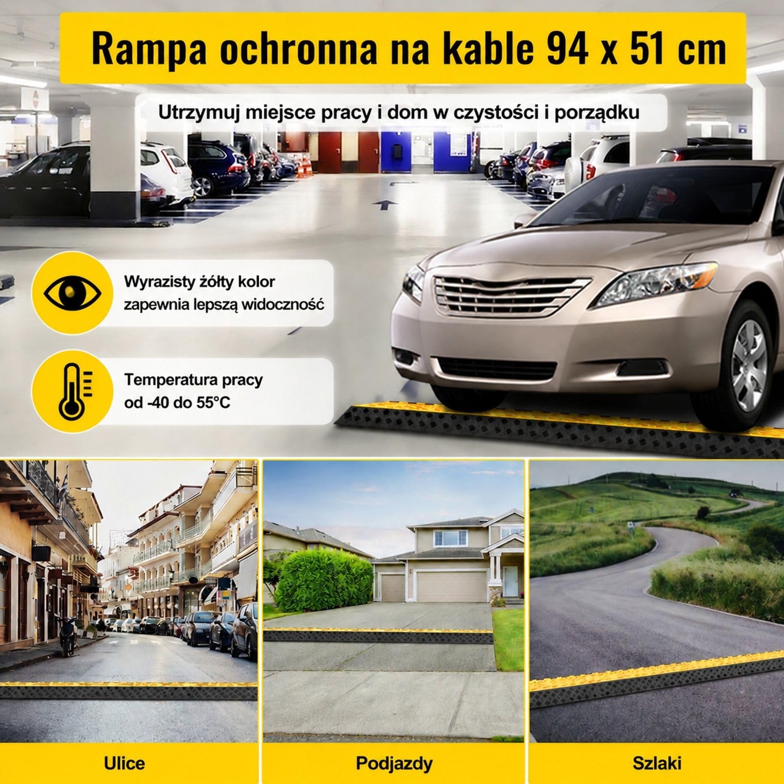 3-kanałowy najazd kablowy do garażu, podjazdu i magazynu, mostek podłogowy z uchylną pokrywą