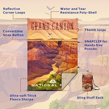 Multifunctional Sherpa-Lined Outdoor Puffy Blanket Camping - Wearable, Waterproof, Lightweight, Packable for Travel, Beach, Picnics, Car, Concert, Stadium, Tailgate - 55X78 (Grand Canyon NP)