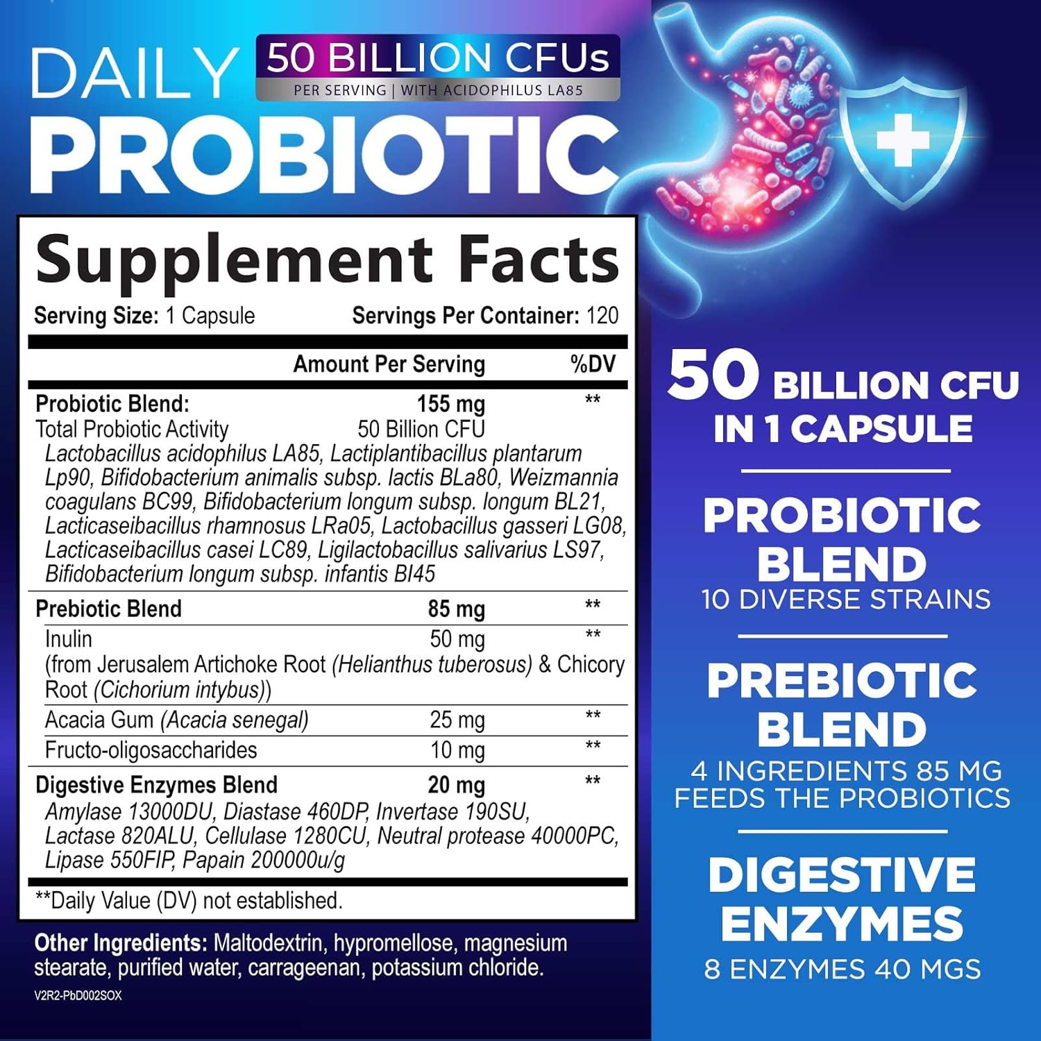 Probiotics 60 Billion CFU - 10 Strains + Digestive Enzymes & Prebiotics - Best Probiotic for Women & Men, Supports Immune, Gut Health, Occasional Constipation, Diarrhea, Gas & Bloating - 120 Capsules - Image 2