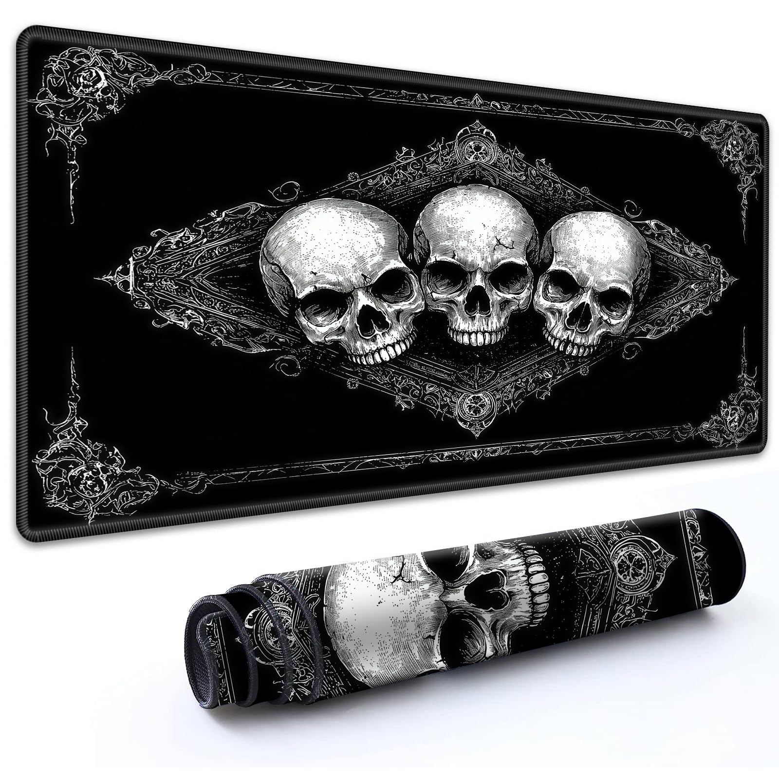 RMJKXQZG MTG Playmat 27.5" x 15.74" with High Elastic Rubber Base Non-Slip Rubber HD Fade-Resistant Printing Durable TCG Gaming for Card Games Desk Mat & Mouse Pad, Ornate Gothic Frame Skulls