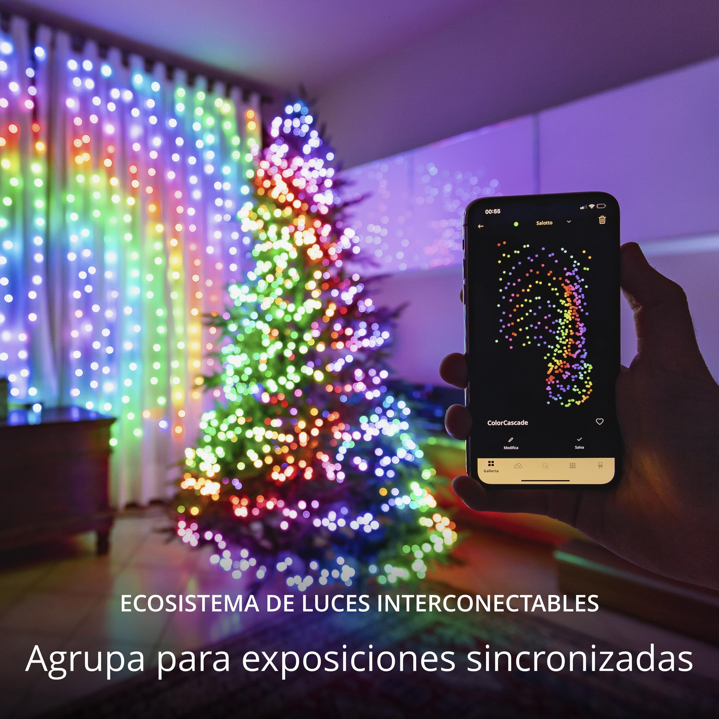Twinkly Curtain 210 LED RGB+Blanco, Cadena de luces LED para interior y exterior, luces inteligentes, RGB y blanco, compatible con Alexa, Google Home, IP44, control de aplicación, cable transparente