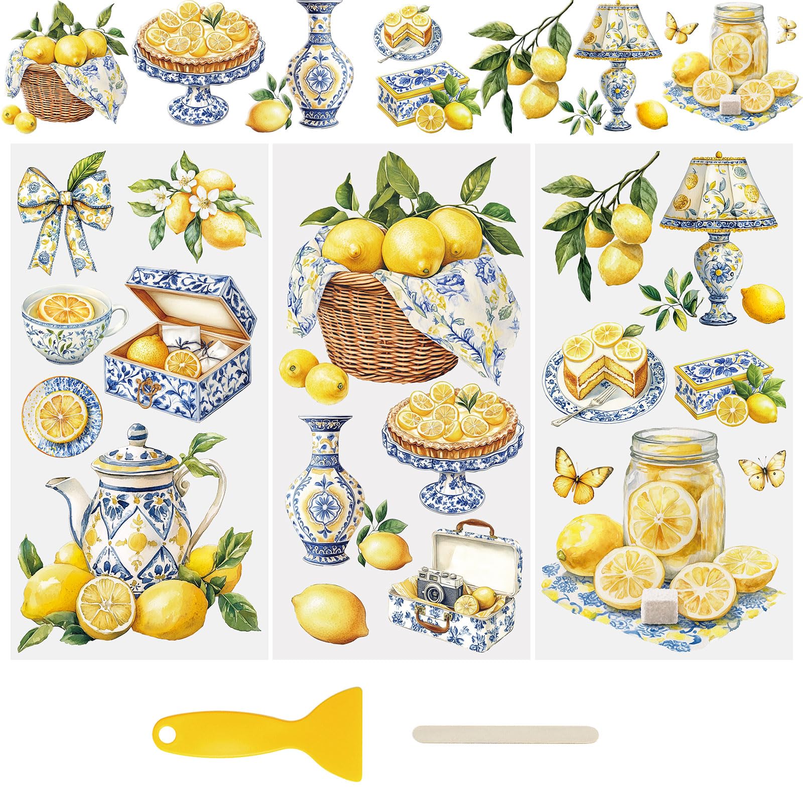 WANDIC 3 Sheets Lemon Blue and White Porcelain UV DTF Wraps Stickers,Pastoral Style Rub on Transfers Furniture Stickers Waterproof Transfers Window Decals for Glass and DIY Crafts