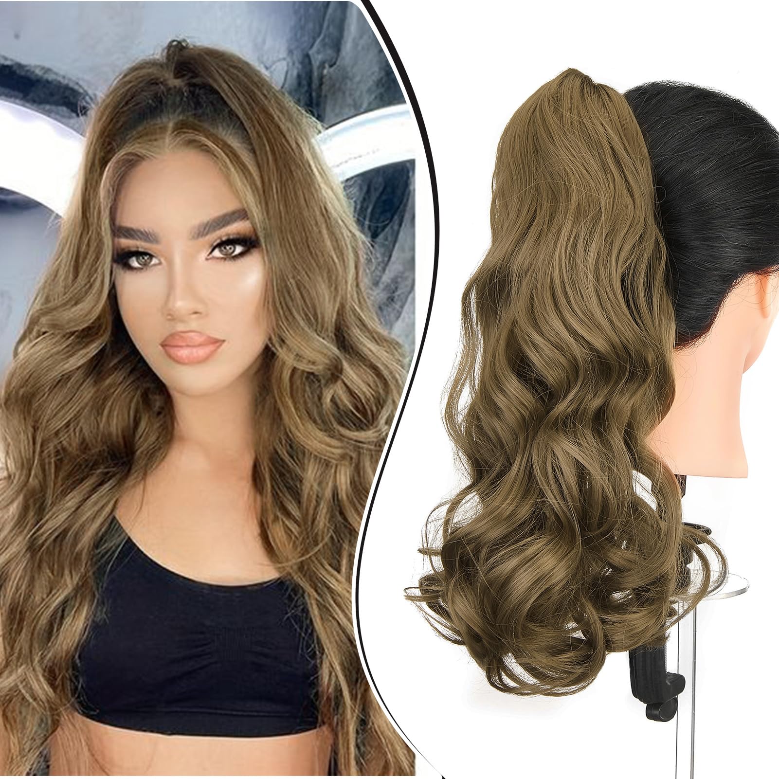 Dcbaboo 18inch Claw Clip in Ponytail Hair Extensions Long Wavy Ponytail Extension Curly Synthetic Pony tails Natural Wave One Piece Hairpiece Fake Ponytail for Women Golden Brown
