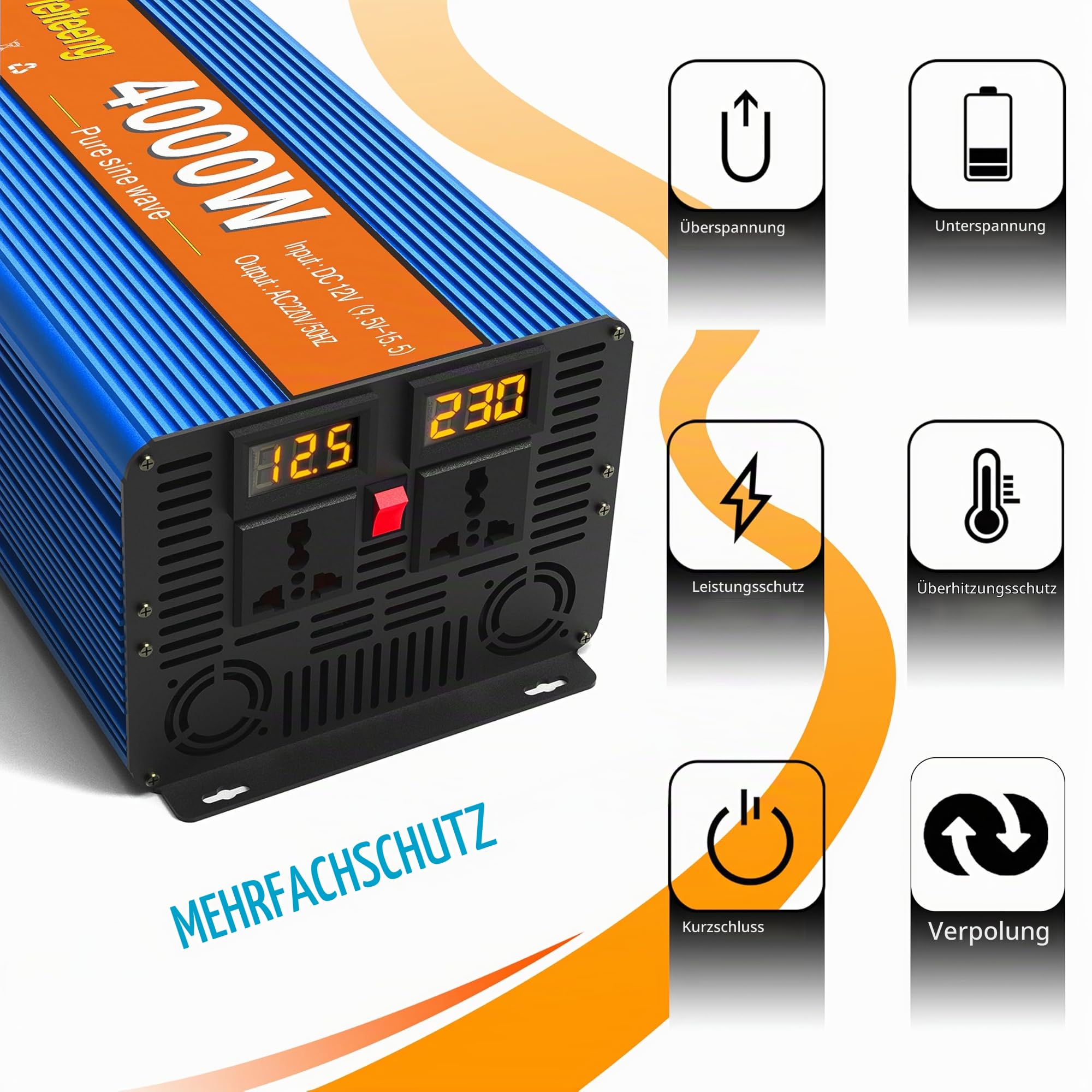 4000W/8000W (Peak) Wechselrichter Reiner Sinus 12V auf 230V，Solar Power Inverter mit 2 LCD-Bildschirme, 2 AC Steckdosen，KFZ Spannungswandler für Fahrzeuge Solar Auto Wohnmobil Haushaltsgeräten