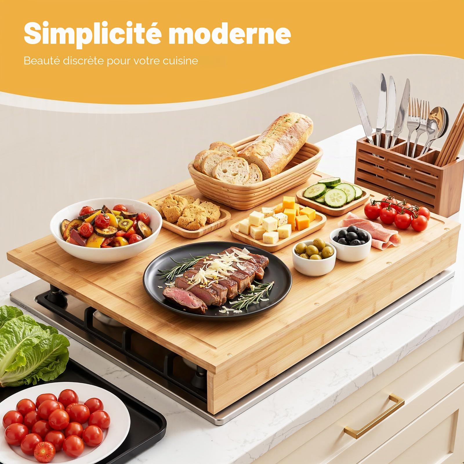 Cache Plaque de Cuisson Bambou 75x54cm Protege Plaque Induction avec 4 Pieds Amovibles Couvre Plaque Multi-Usage Planche à Découper Protection Vitrocéramique Cuisine Maison