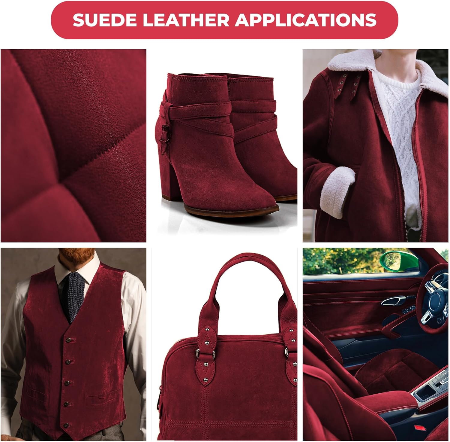 ELW Premium Suede Cowhide 2-4 oz (1-1.6mm) - Soft Full Grain Pre-Cut Side Leather - (2-4 SQ FT,Burgundy) - USA Made Silky Buffed Suede Fabric Leather for Car Upholstery, Crafts, Garments, Furniture
