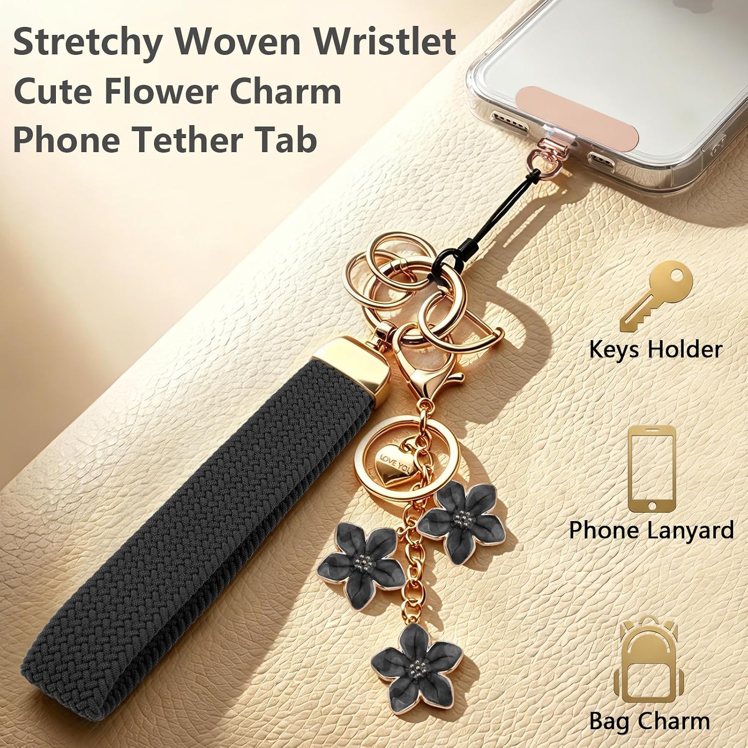 Wristlet Keychain Gift Boxed Set for Women Stretchy Bracelet Key Holder with Flower Charm Woven Lanyard for Car Keys image 3