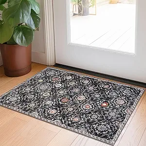 KILOCOCO 2x3 Small Area Rug, Moroccan Super Soft Entryway Rugs Indoor Vintage Washable Rug Non-Slip Indoor Door Mat, Accent Print Faux Wool Throw Rug for Kitchen Bedroom Entrance, Charcoal/Multi
