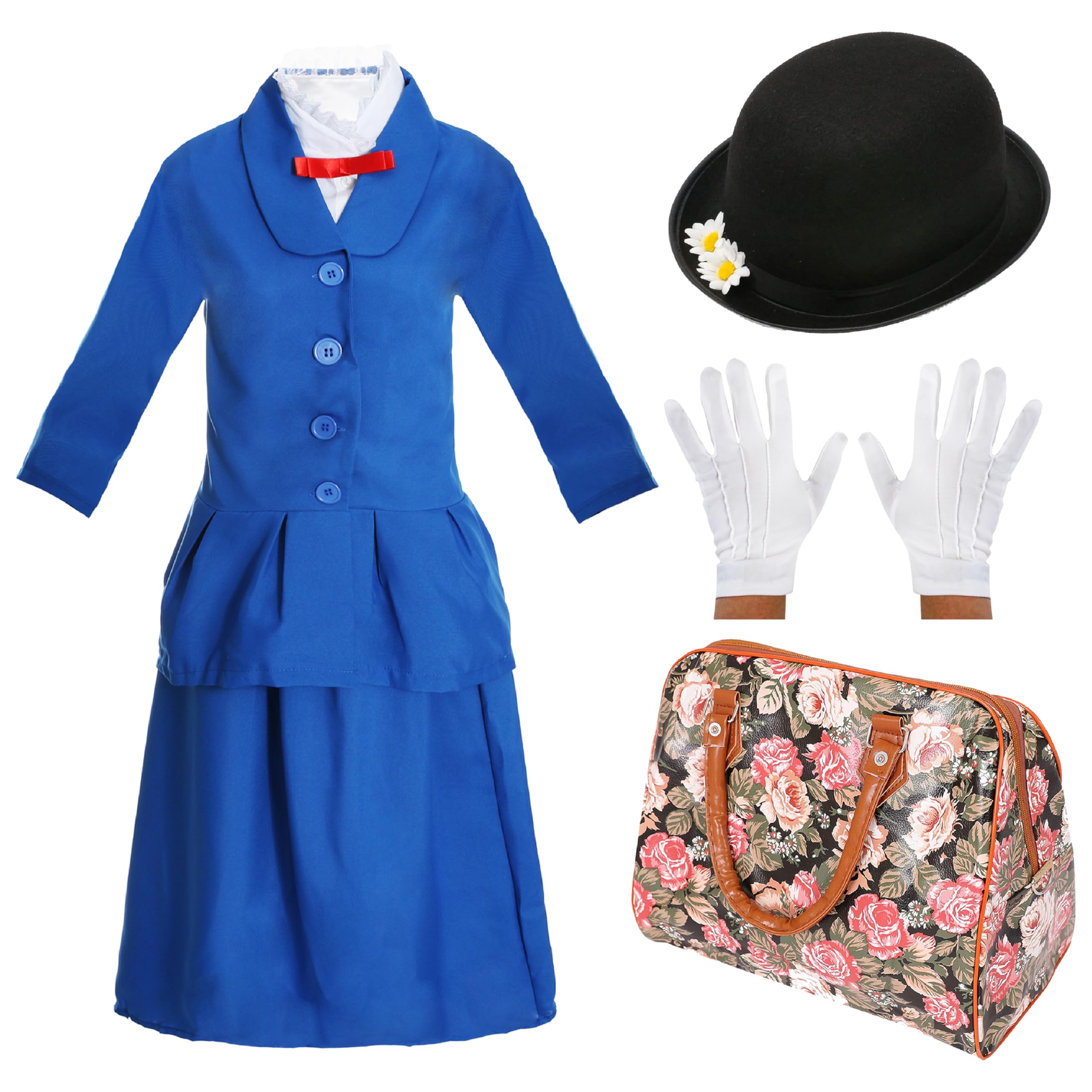Girls Magical Victorian Nanny Costume for Girls - Blue Jacket & Skirt, Black Bowler Hat, White Gloves, Carpet Bag - Kids World Book Day/Book Week Character Fancy Dress Costume