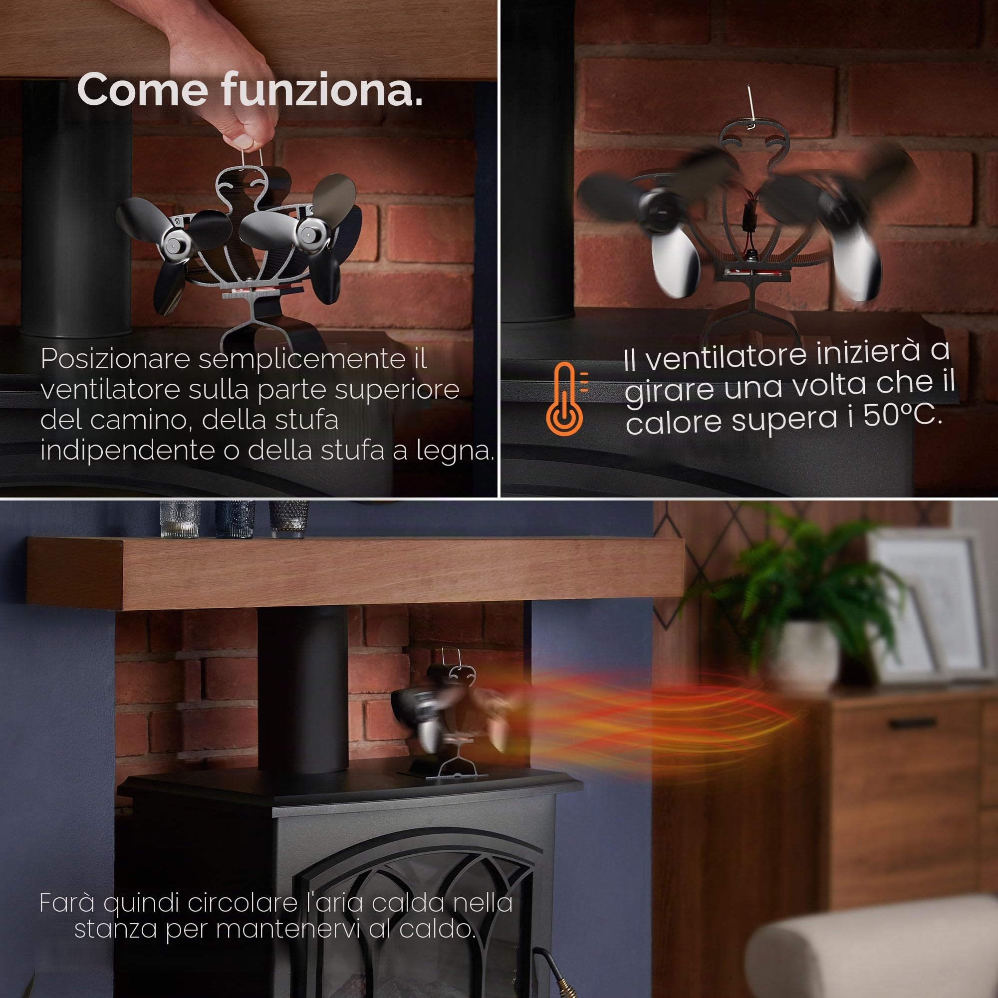 VonHaus Ventilatore per stufa – Ventilatore doppio per camino alimentato dal calore per stufe a legna/tronchi, caminetti e stufe – Funzionamento silenzioso, ventilatore per stufa ecologico senza