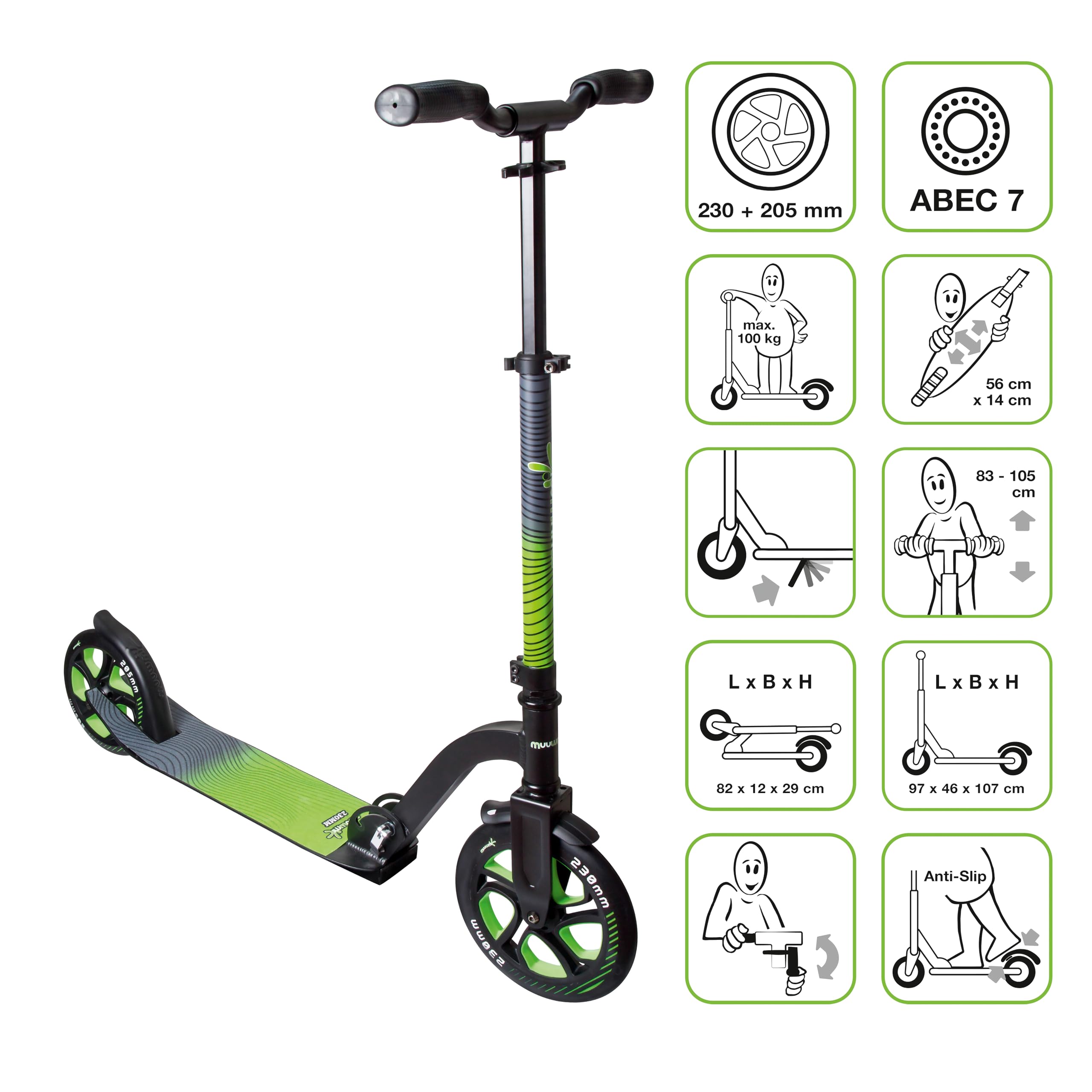 muuwmi Aluminium Scooter Pro – Tretroller, 230/205 mm, ABEC 7, GS-geprüft, höhenverstellbar, XL-Deck, BMX-Lenker