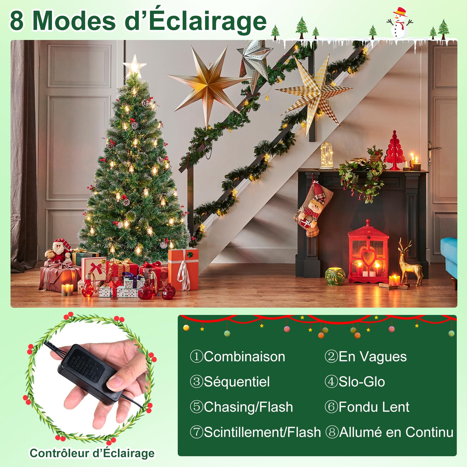 GYMAX Sapin de Noël Articiciel 150cm Lumineux, 49 Lumières LED, 8 Modes d'Éclairage, 2 Sections, Pommes de Pin Naturels et Baies Rouges,