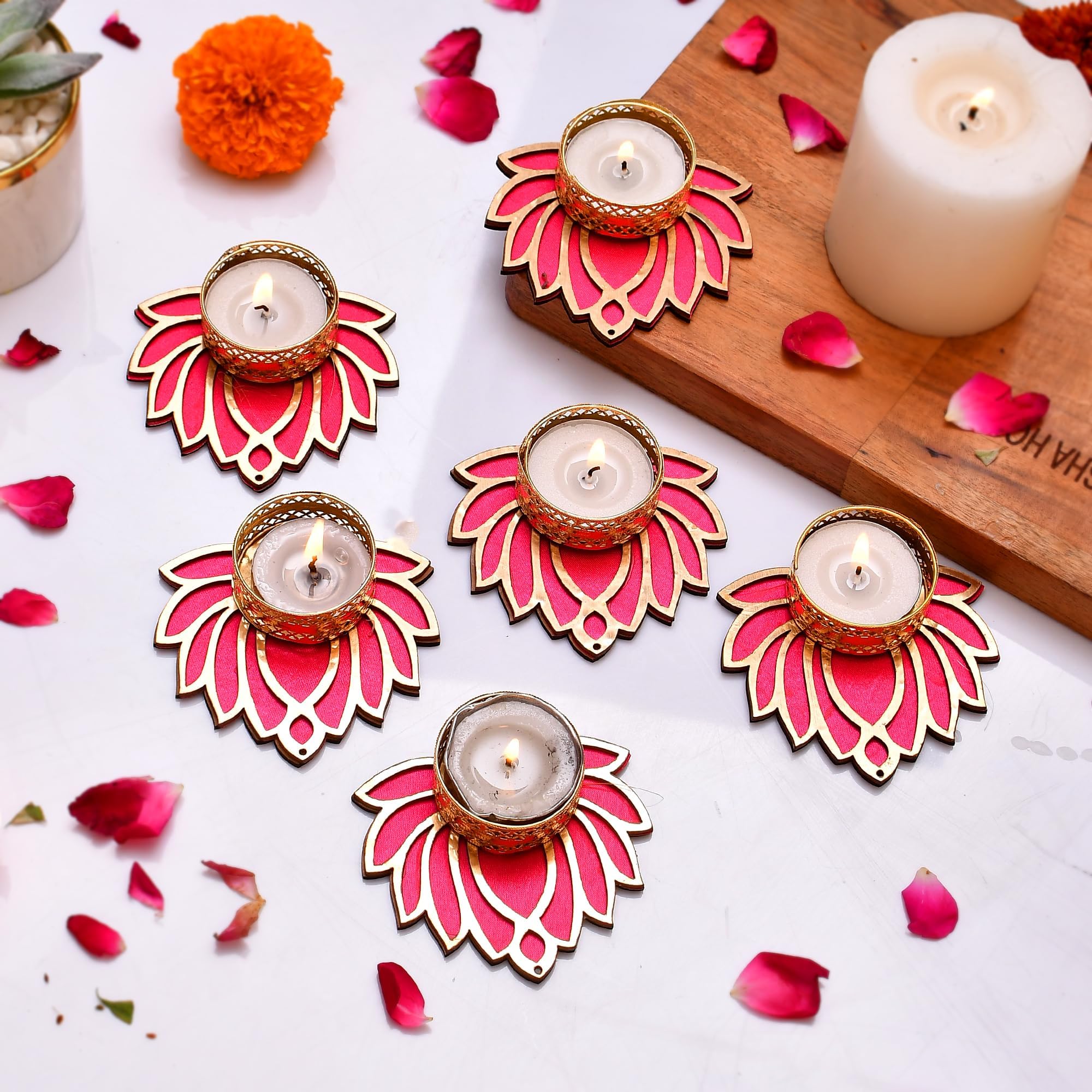Decorative Lotus Diwali Tealight Candle Holder Stand Set of 6 - Diwali Decoration Items for Home Decor Diyas Indoor Outdoor Office Gifting-Diwali Gift