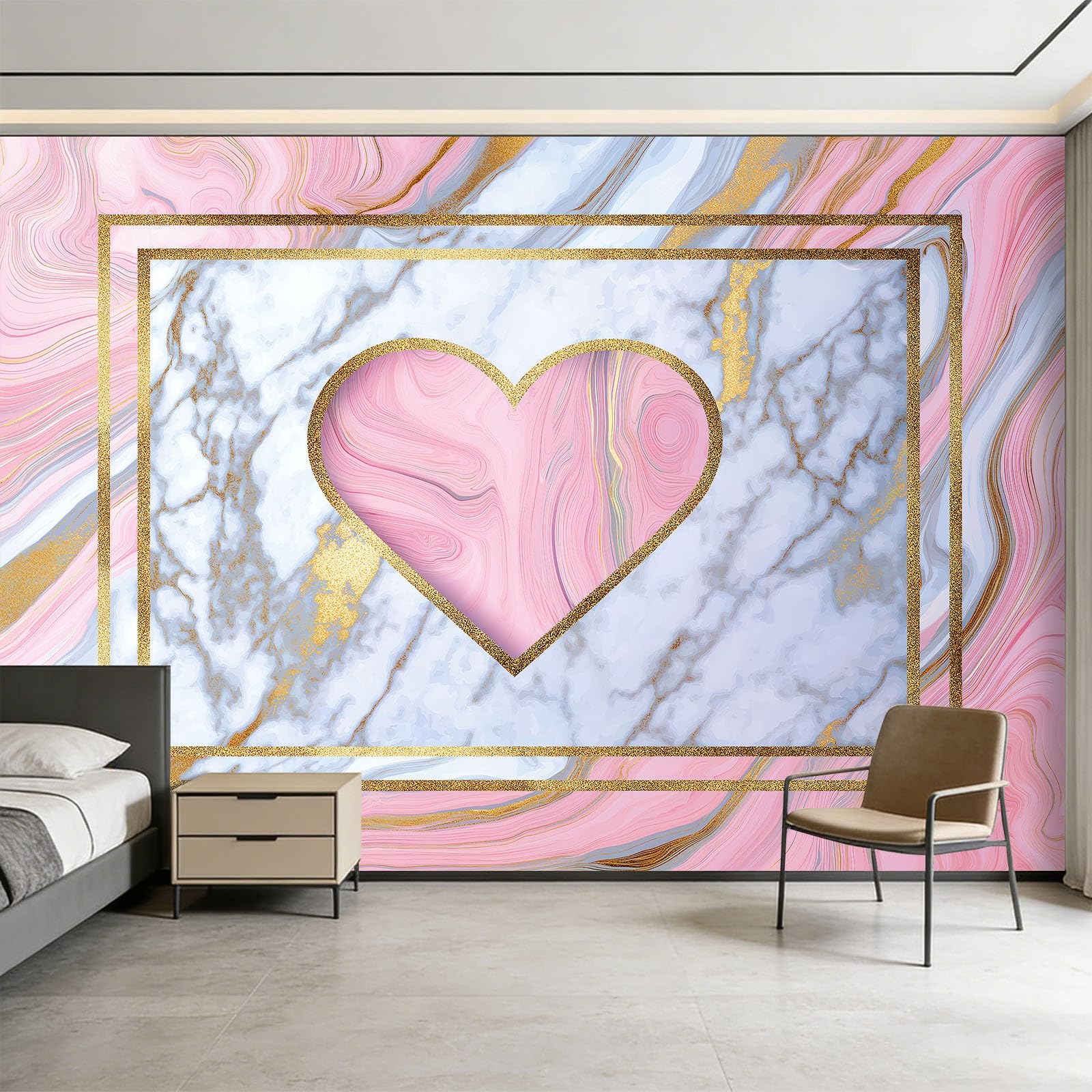 Carta da parati murale 3D con foto panoramica in marmo con motivo a cuore rosa, sfondo rosa, decorazione per interni, 450 x 280 cm, effetto 3D, poster decorazione per camera da letto e soggiorno